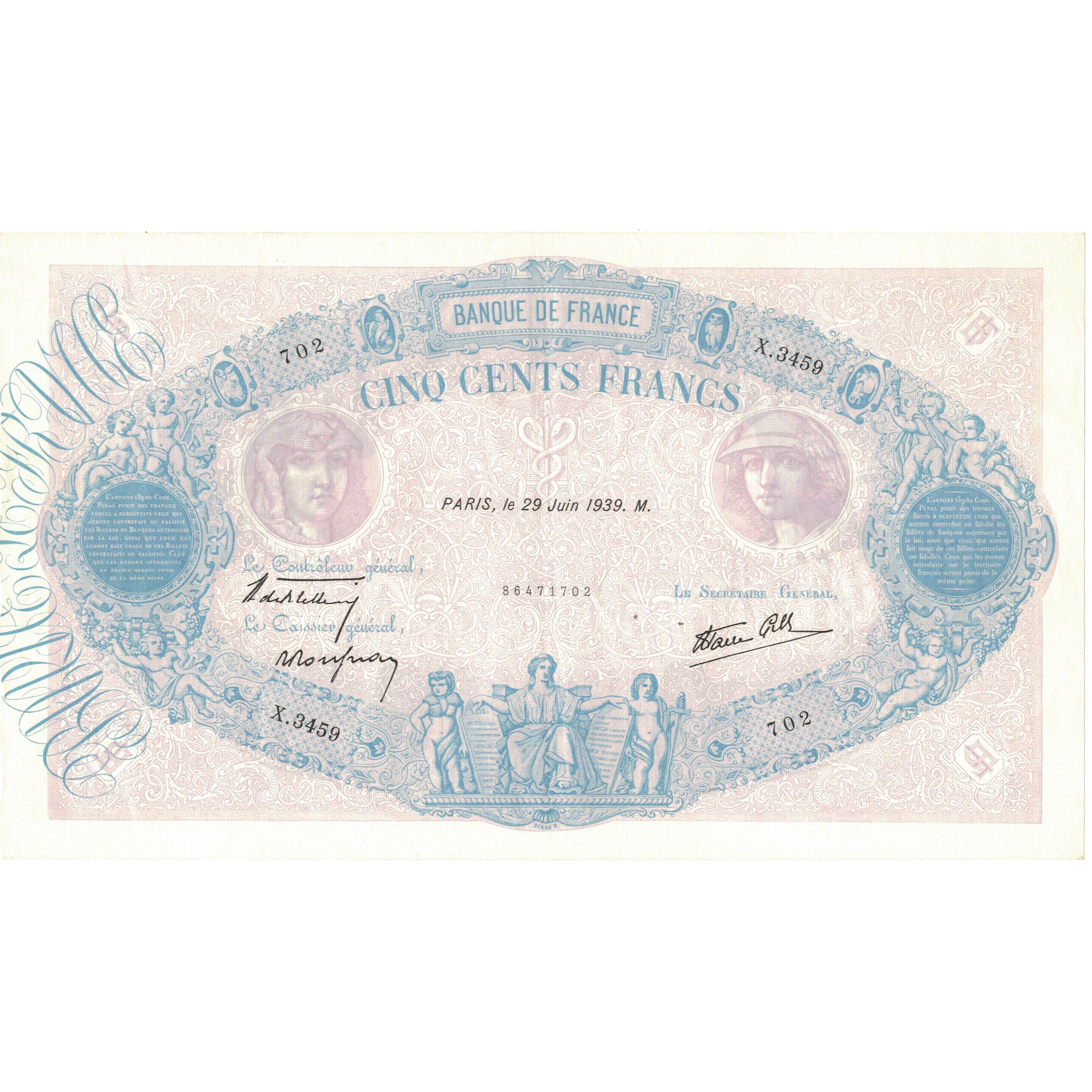 Francia, 500 Francs, Bleu et Rose, 1939, X.3459702, SPL, Fayette:31.35, KM:88c