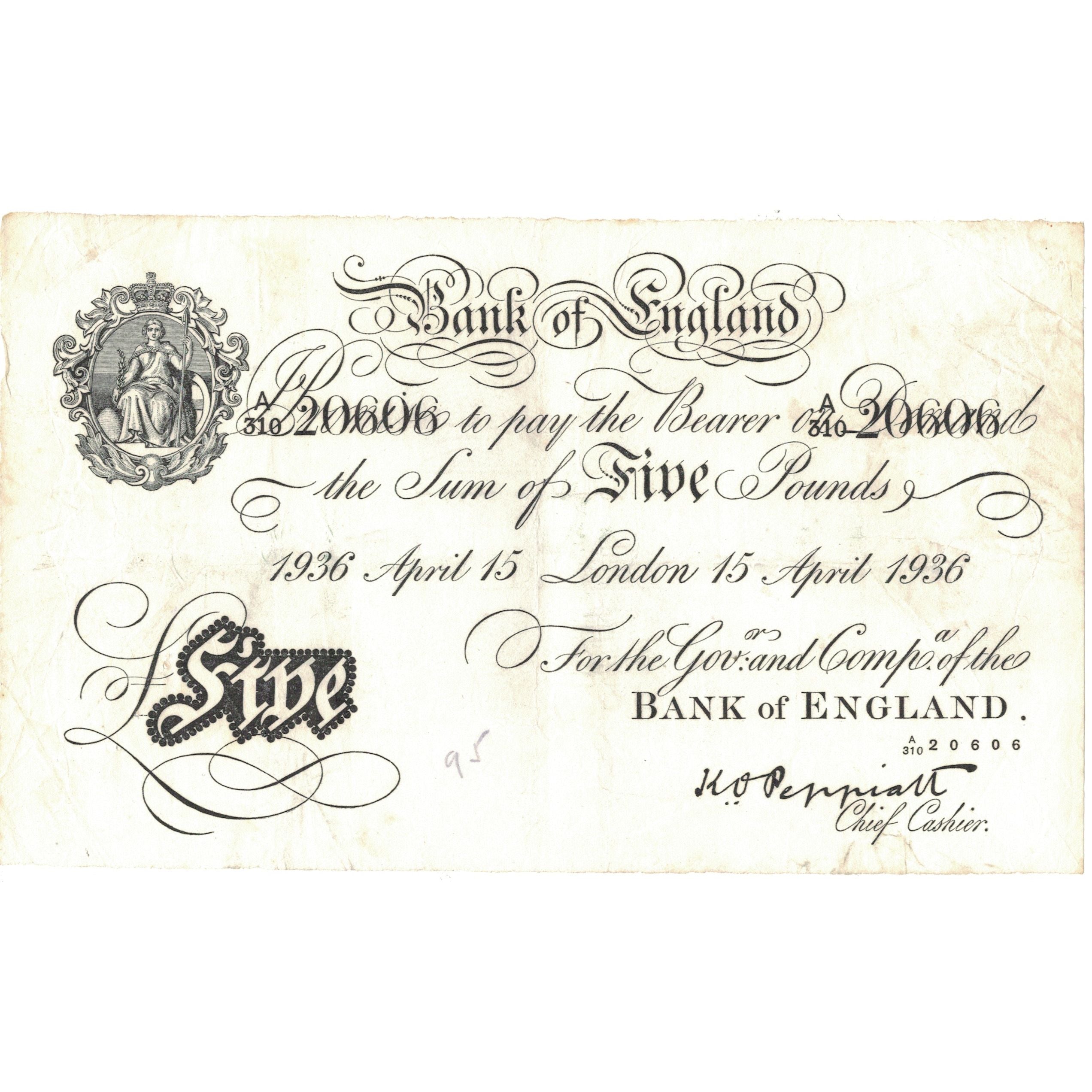 Banconote, Gran Bretagna, 5 Pounds, 1936, 1936-04-15, KM:335a, BB+