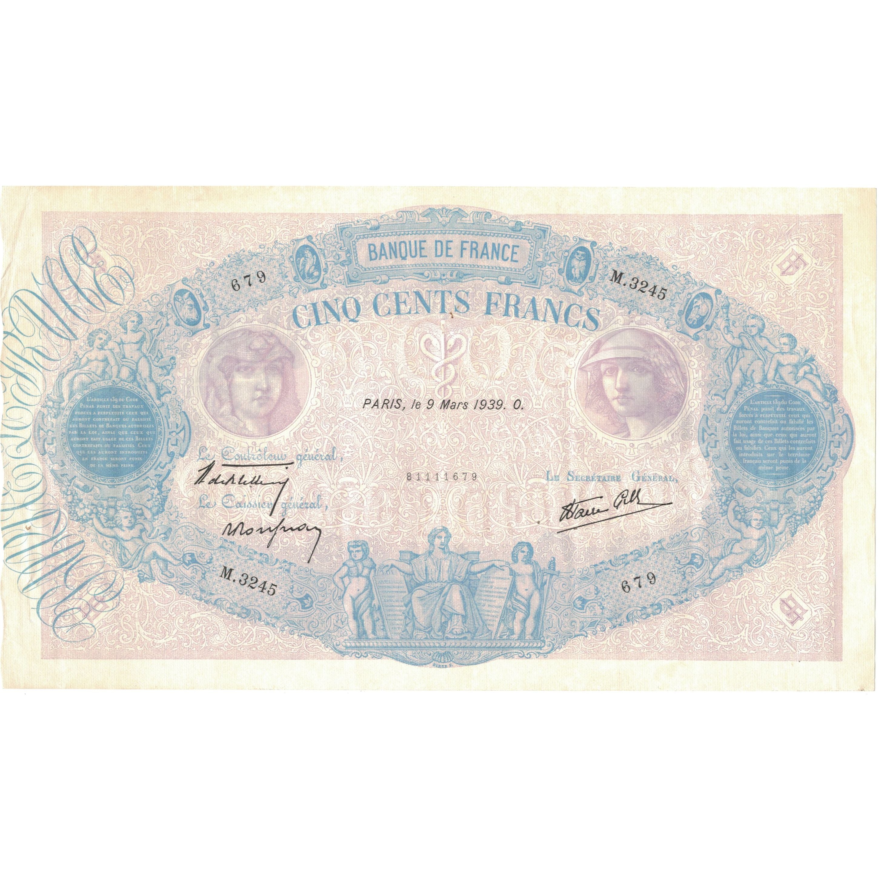 Francia, 500 Francs, Bleu et Rose, 1939, M.3245670, SPL-, Fayette:31.26, KM:88c