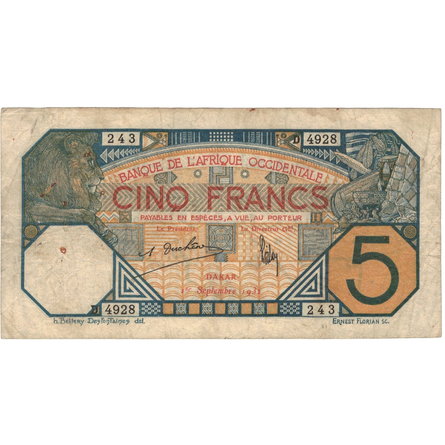 Banknot, Francuska Afryka Zachodnia, 5 Francs, 1932, 1932-09-01, KM:5Bc