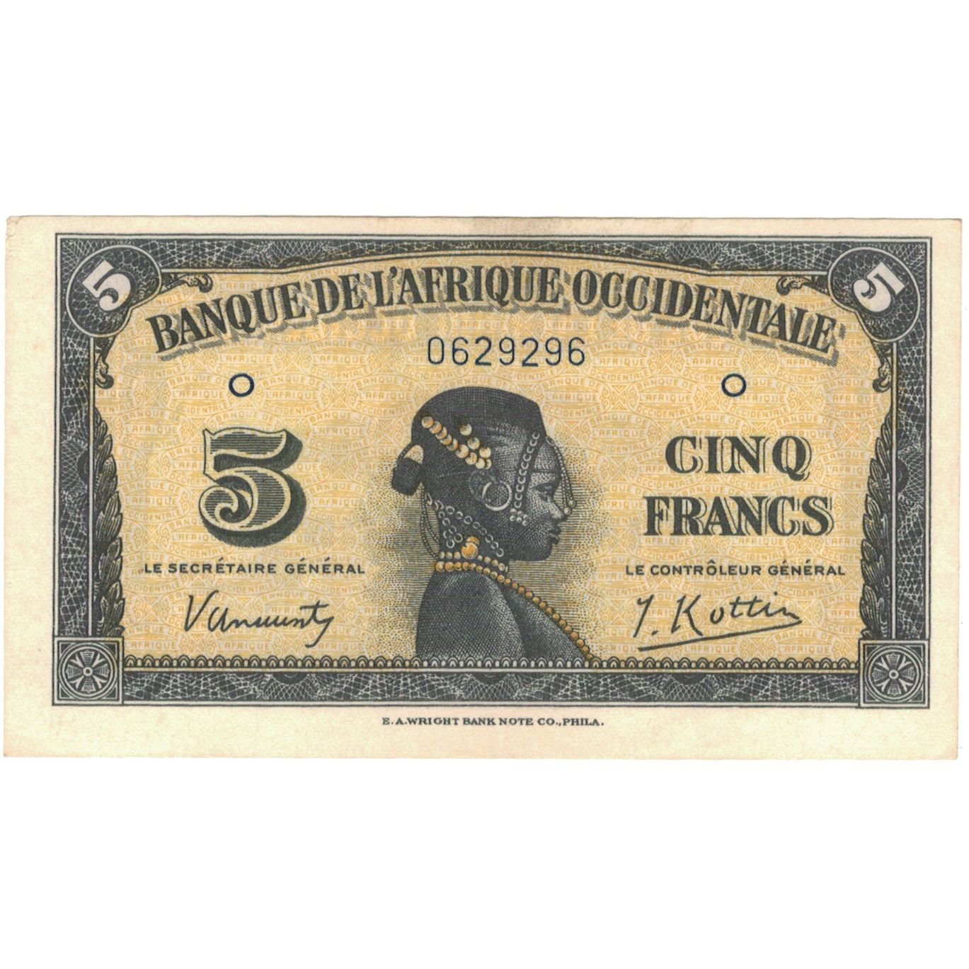Banconote, Africa occidentale francese, 5 Francs, 1942, 1942-12-14, KM:28a, MB+
