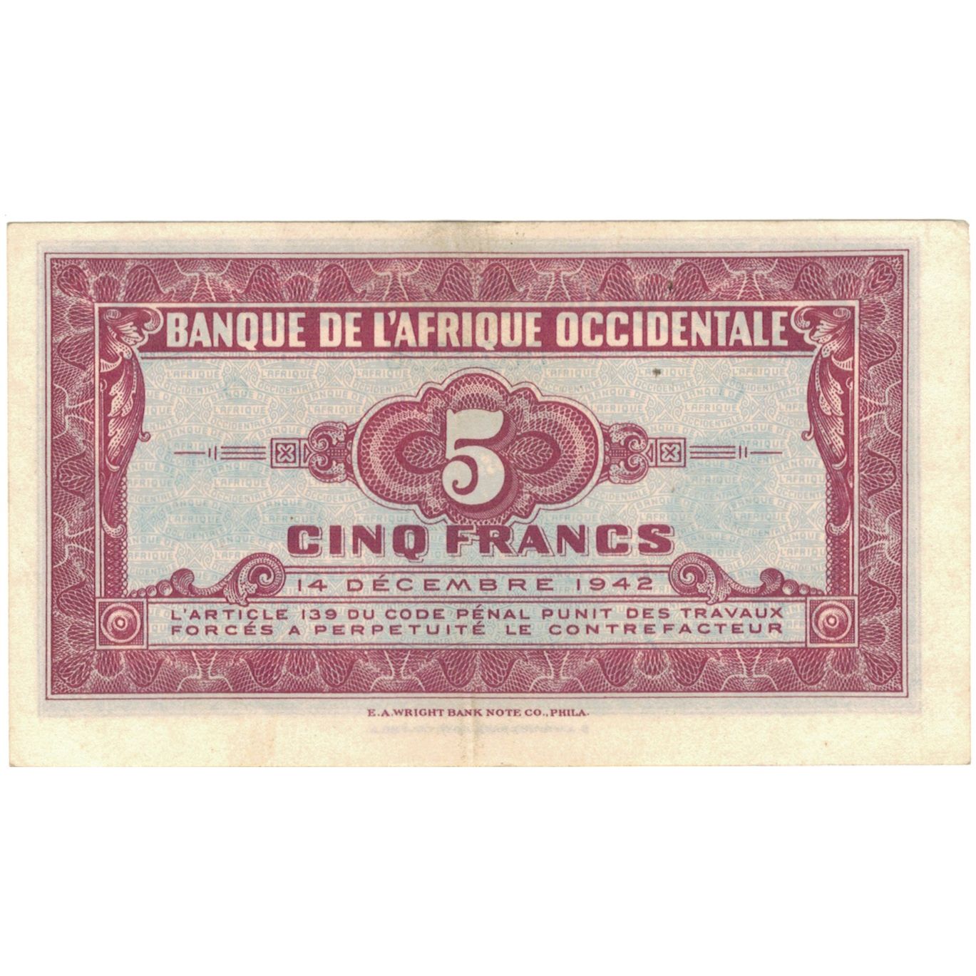 Banconote, Africa occidentale francese, 5 Francs, 1942, 1942-12-14, KM:28a, MB+