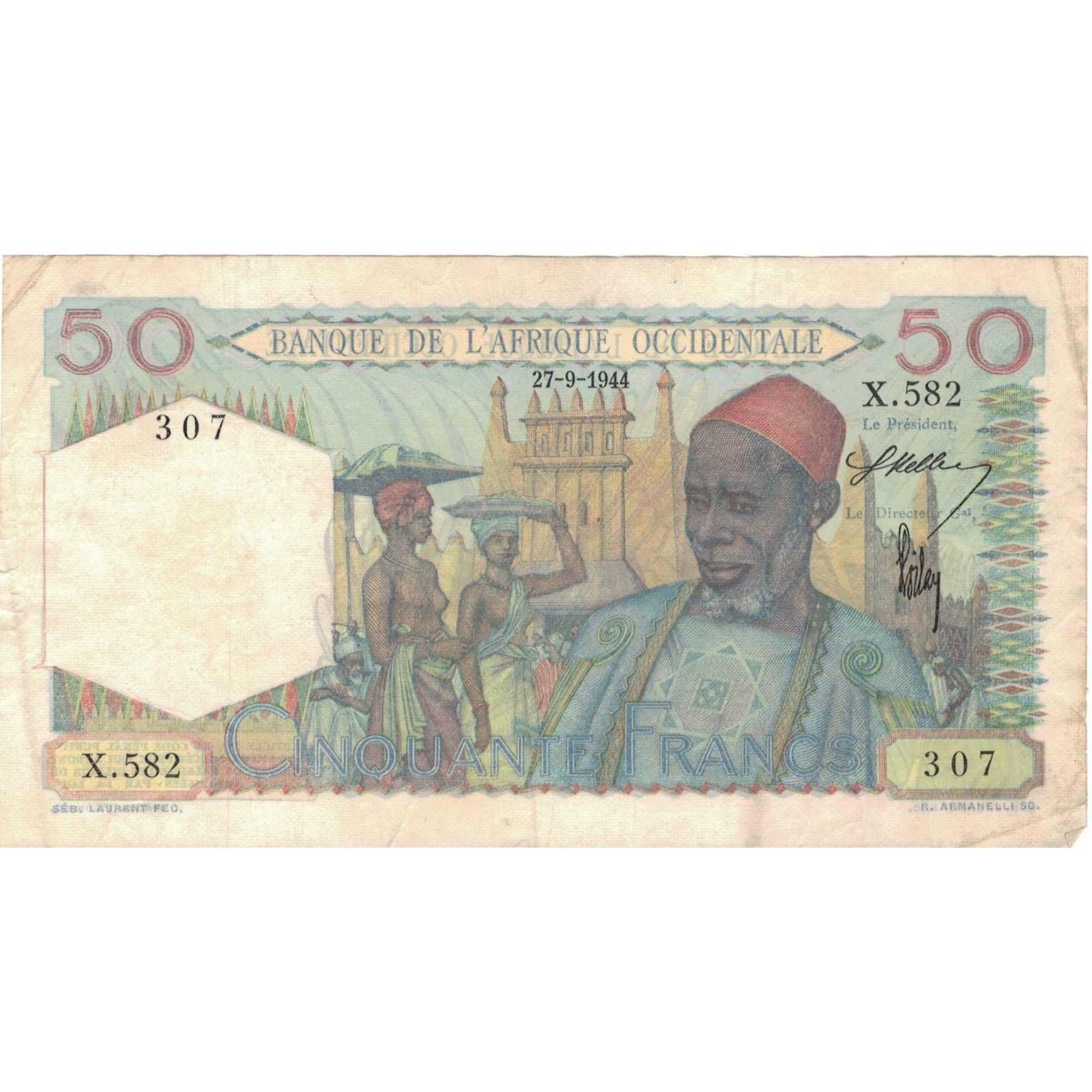 Banknot, Francuska Afryka Zachodnia, 50 Francs, 1944, 1944-09-27, KM:39