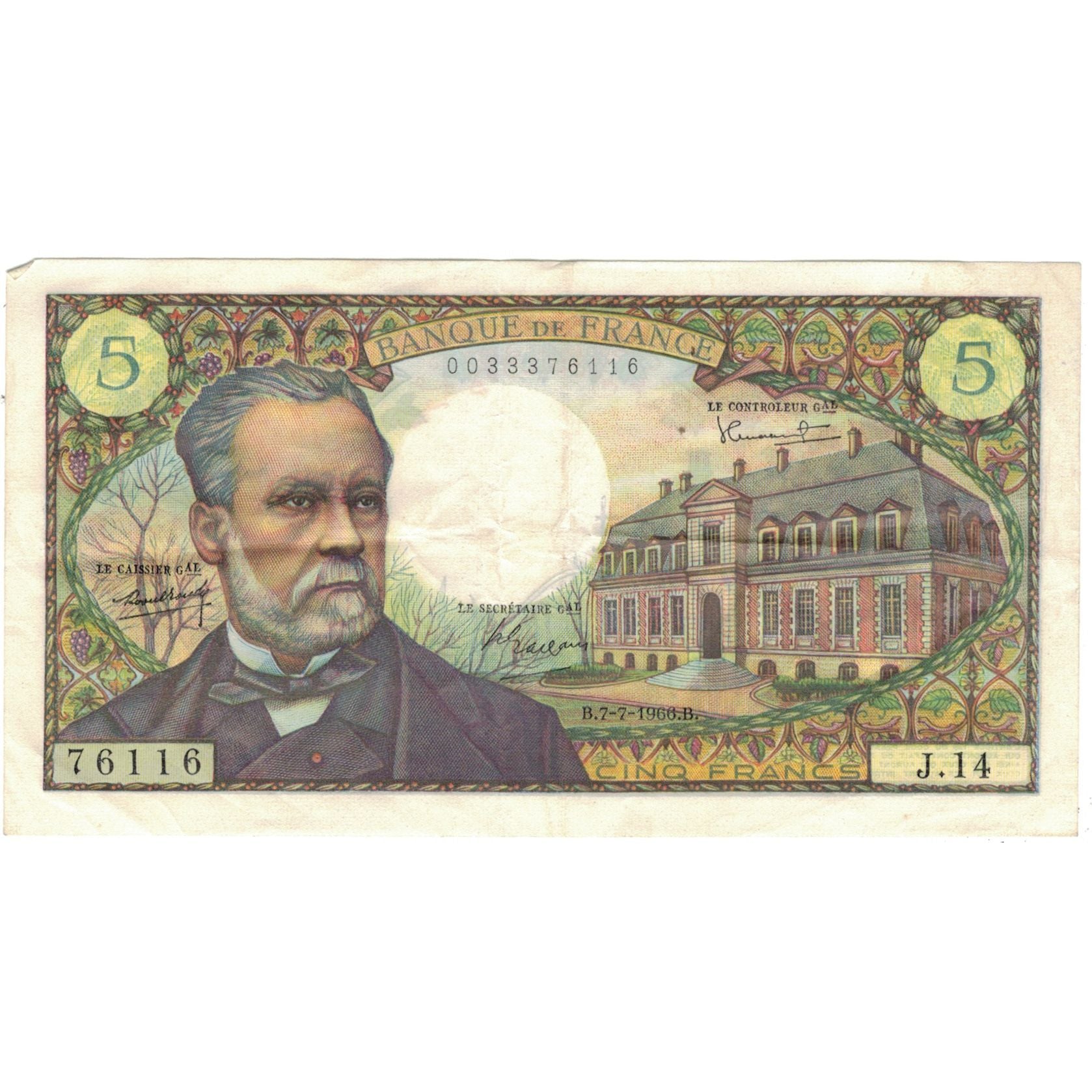 France, 5 Francs, Pasteur, 1966, 76116J14, AU(50-53), Fayette:F61.02, KM:146b
