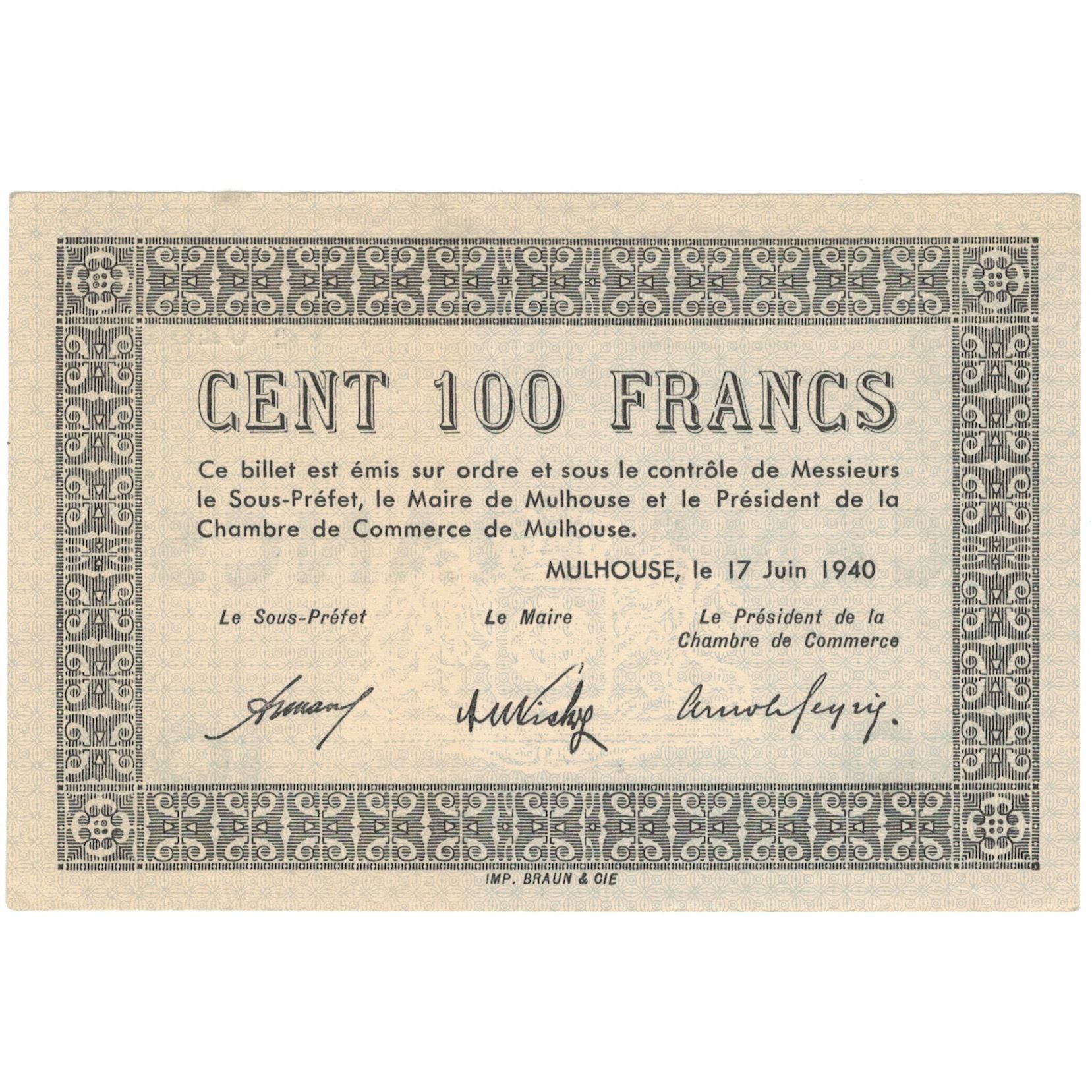 Francia, Mulhouse, 100 Francs, 1940, SPL