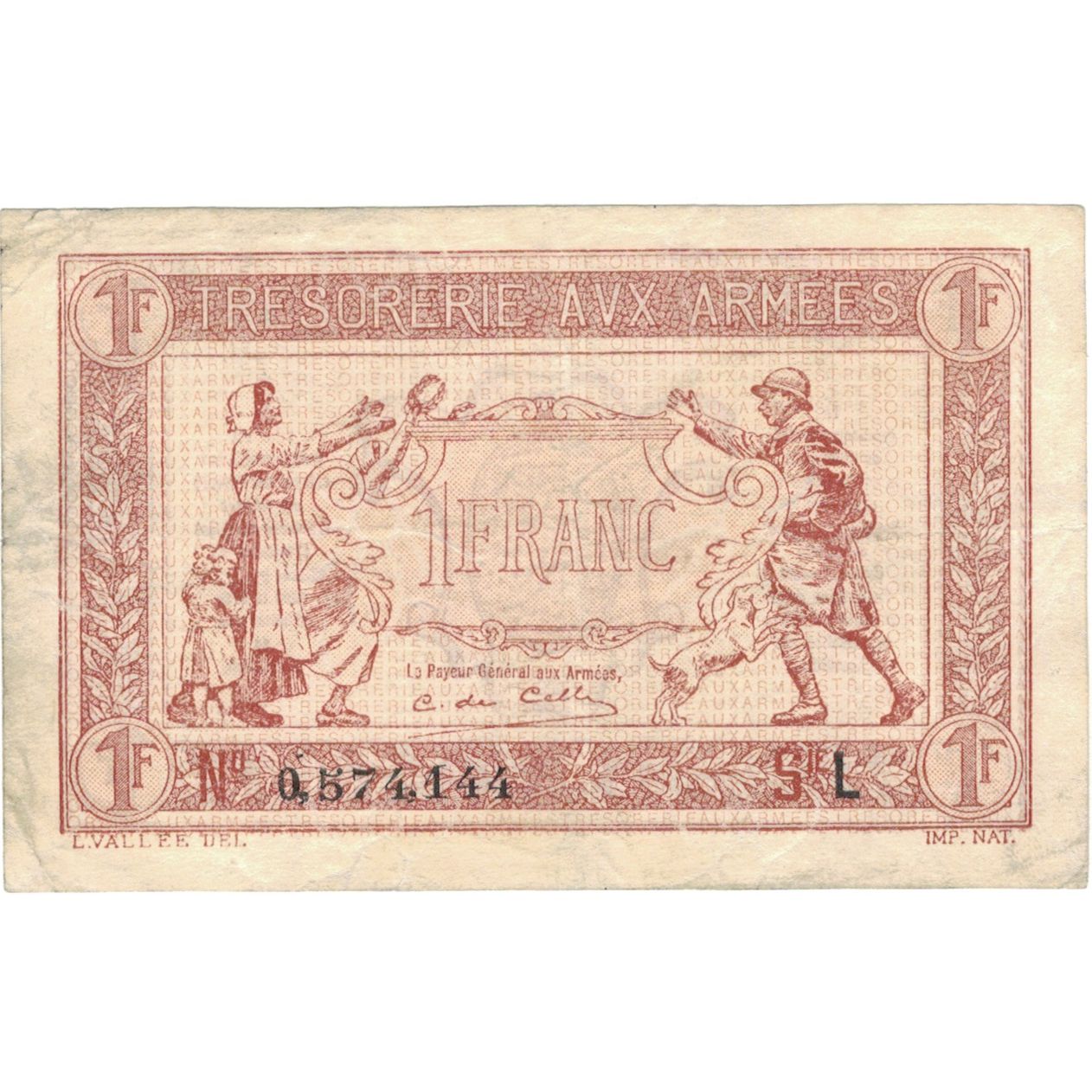 Frankrijk, 1 Franc, 1917-1919 Army Treasury, 0 574144, TB+, Fayette:VF3.8, KM:M2