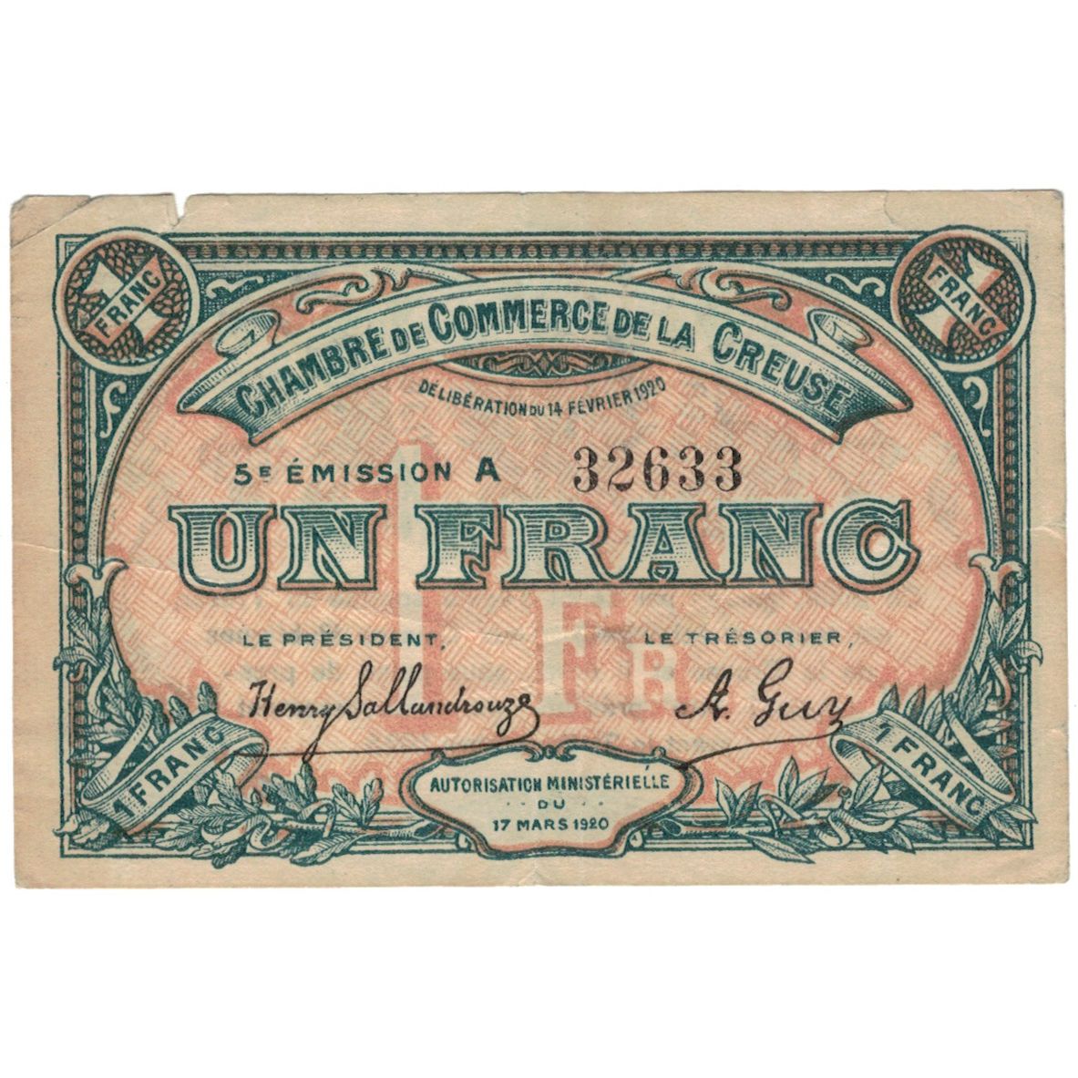Francia, Gueret, 1 Franc, 1920, BB, Pirot:64-20