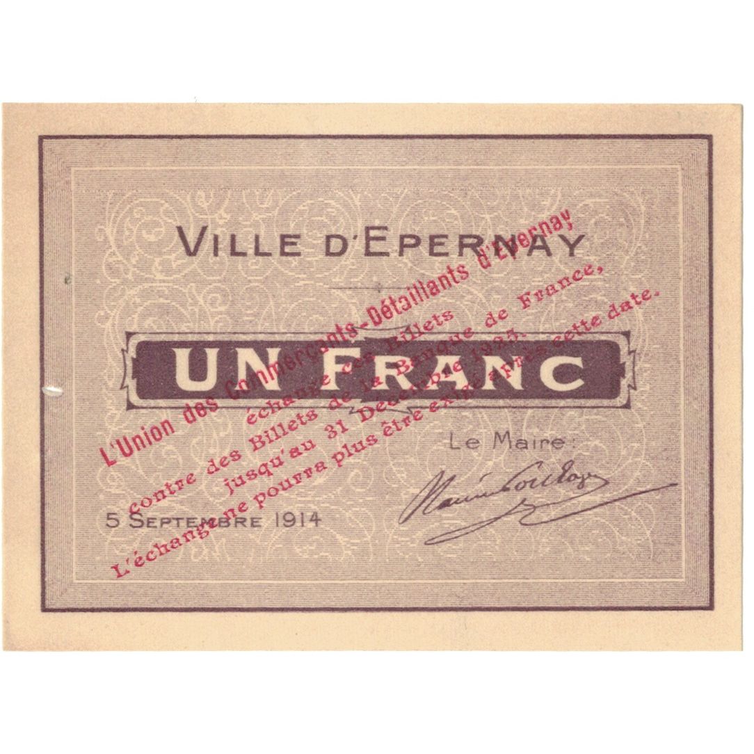 France, Epernay., 1 Franc, 1914, Bon Municipal., SUP, Pirot:51-16