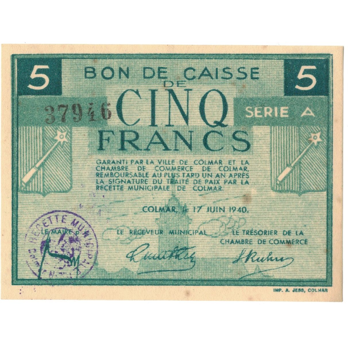 Frankrijk, Colmar, 5 Francs, 1940, TTB