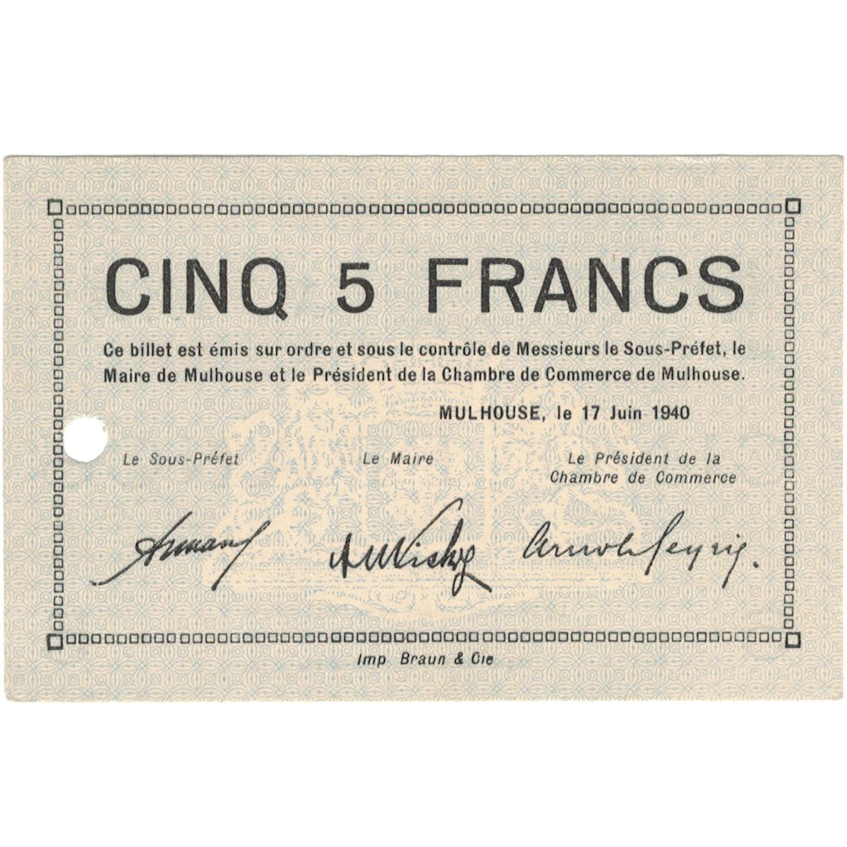 Frankrijk, Mulhouse, 5 Francs, 1940, SPL