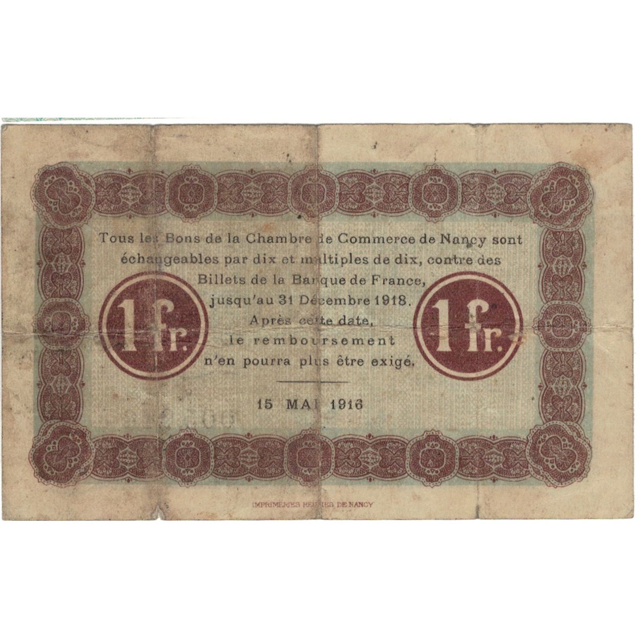 Francia, Nancy, 1 Franc, 1916, Chambre de Commerce, MB+, Pirot:87-08