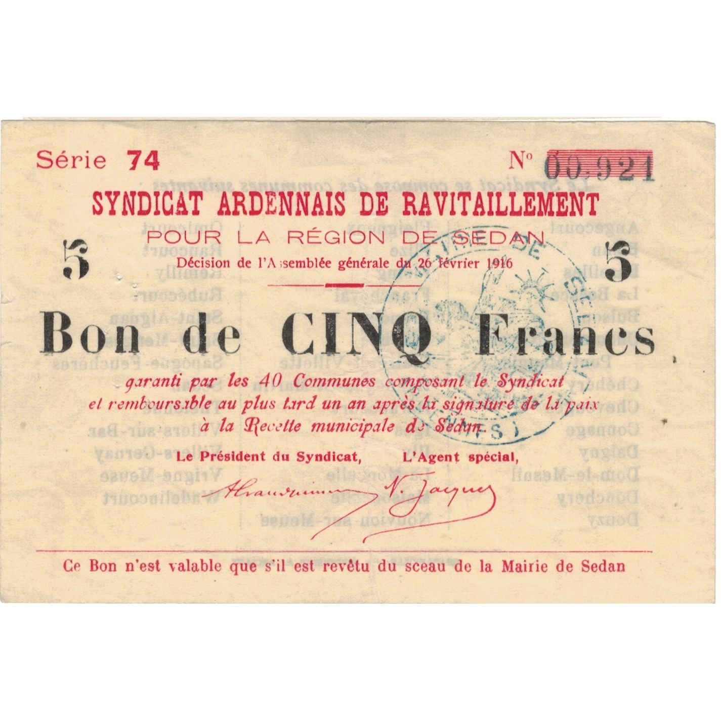 Francia, Sedan, 5 Francs, 1916, Bon de Caisse, SPL-, Pirot:08-85