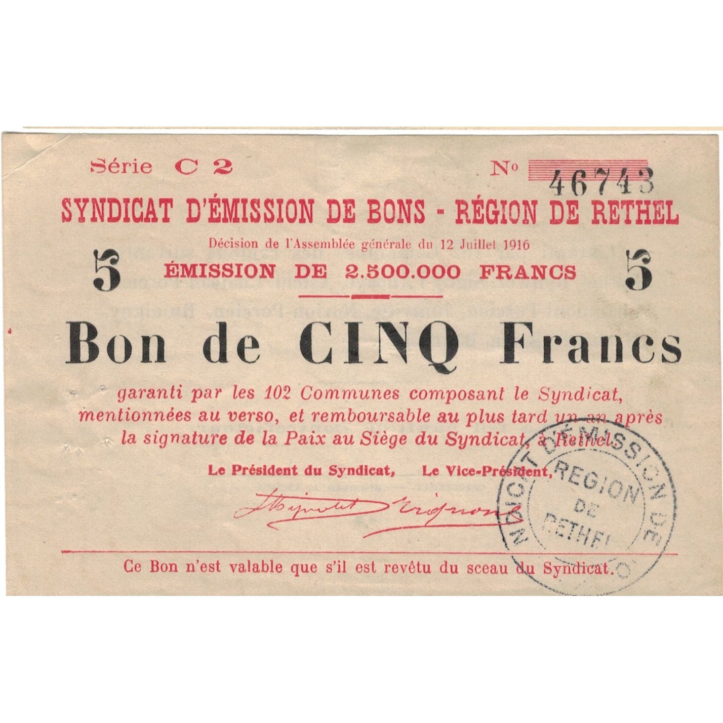 Frankreich, Rethel, 5 Francs, 1916, Bon de Caisse, SS+, Pirot:08-85