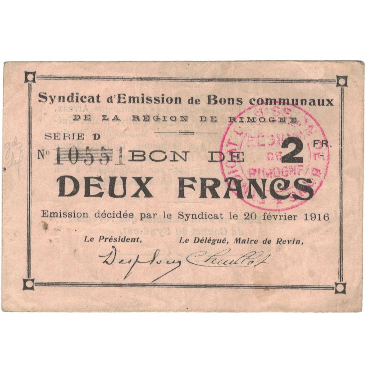 Francia, Rimogne, 2 Francs, 1916, MBC+, Pirot:08-284