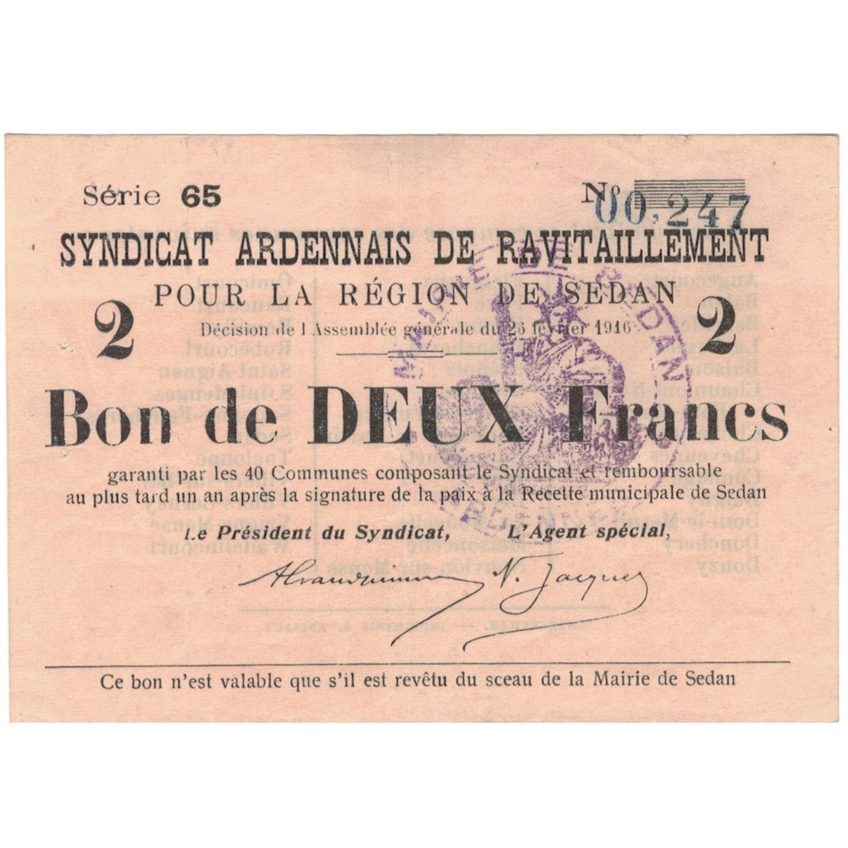 France, Sedan, 2 Francs, 1916, AU(55-58), Pirot:08-284
