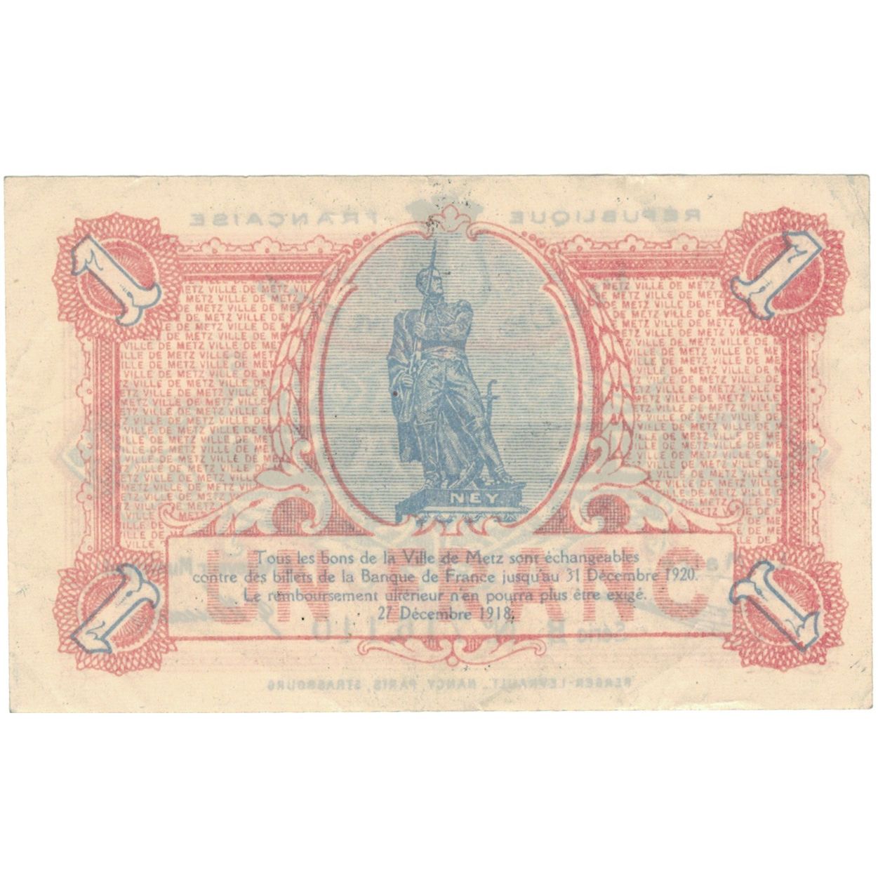 Frankrijk, Metz, 1 Franc, 1918, TTB, Pirot:57-13