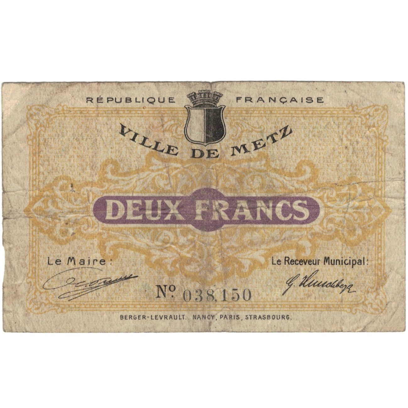 France, Metz, 2 Francs, 1918, VG(8-10), Pirot:131-6