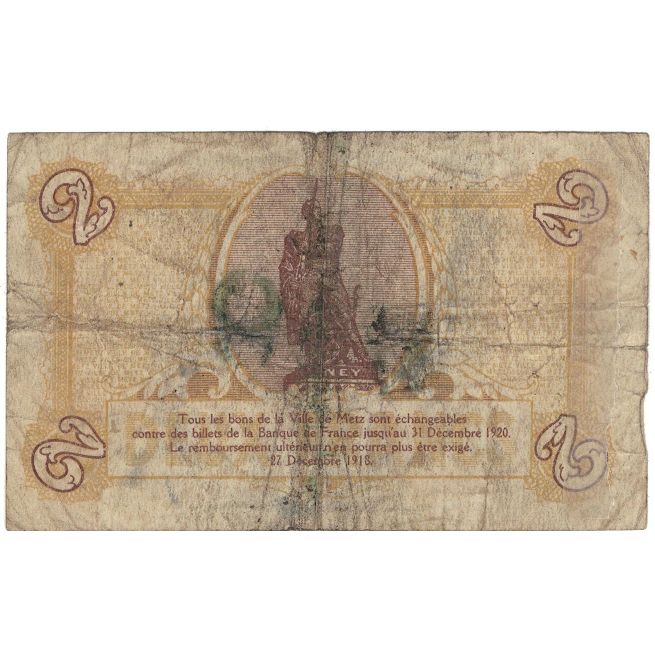 France, Metz, 2 Francs, 1918, VG(8-10), Pirot:131-6