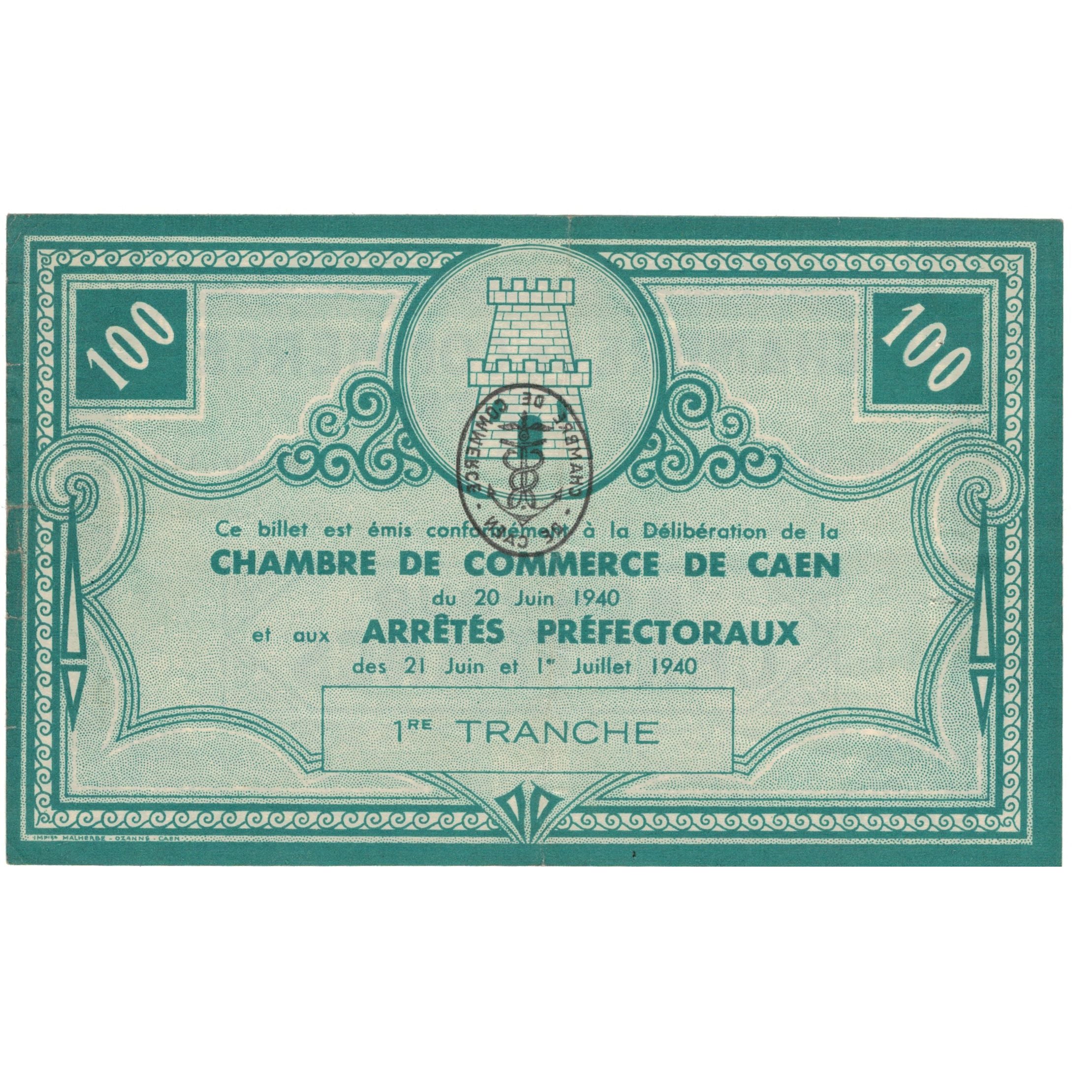 France, CAEN, 100 Francs, 1940, AU(50-53)