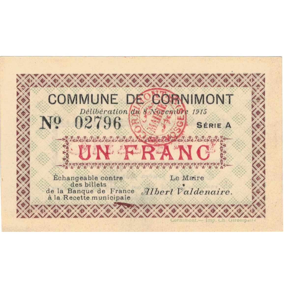 Francia, Cornimont, 1 Franc, 1915, Emission Municipale, SC, Pirot:88-13
