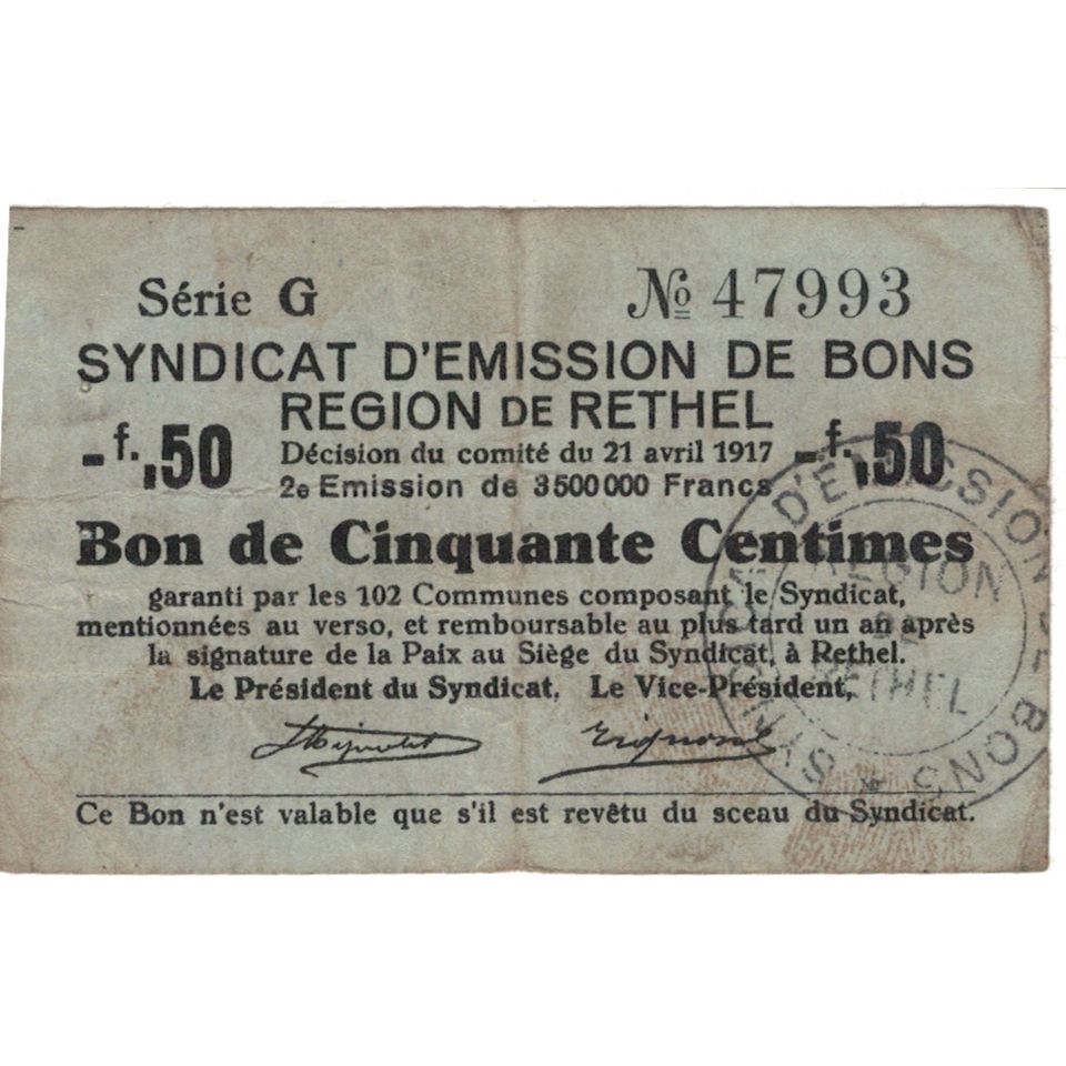 France, Rethel, 50 Centimes, 1917, VF(20-25)
