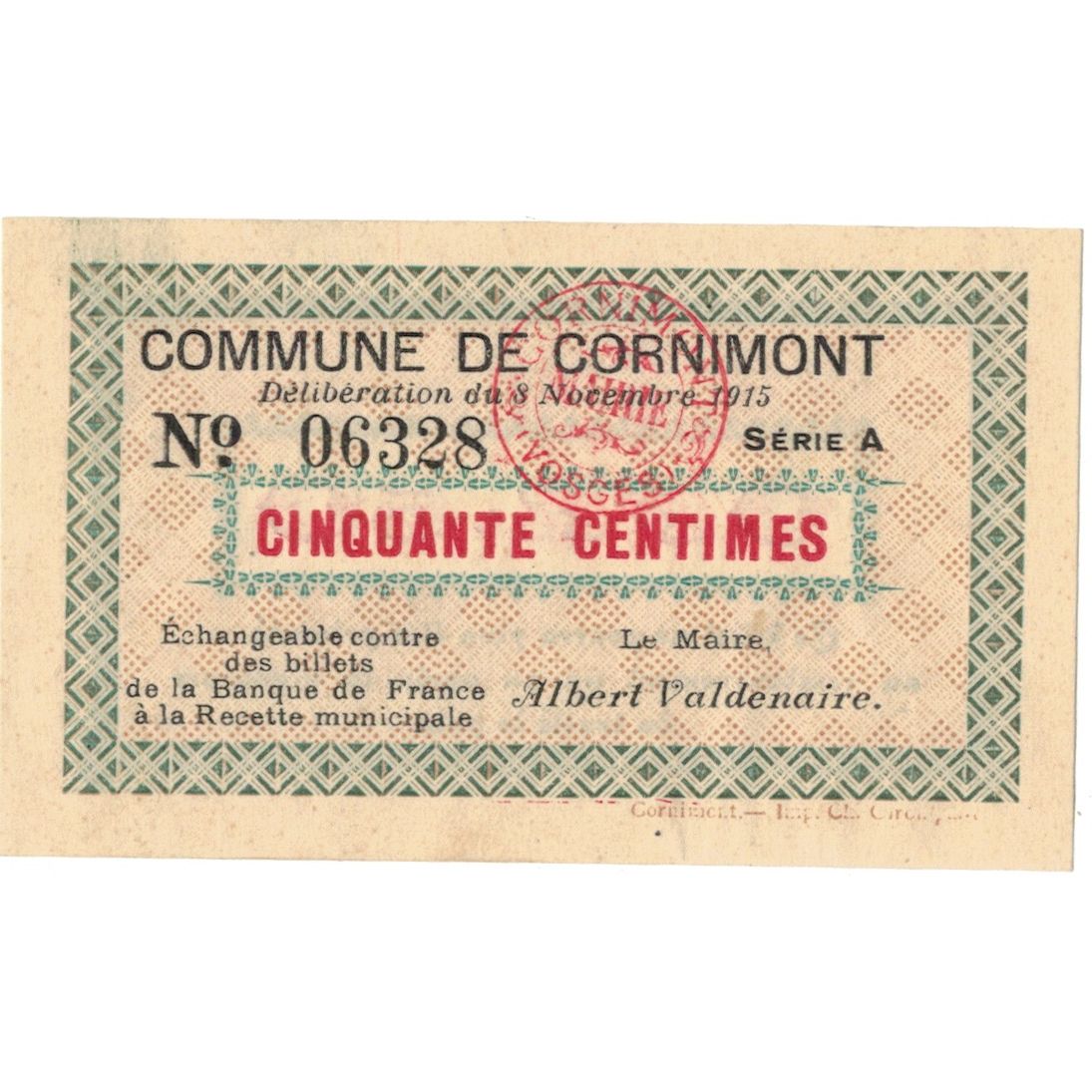 France, Cornimont, 50 Centimes, 1915, Emission Municipale, UNC(63), Pirot:88-11
