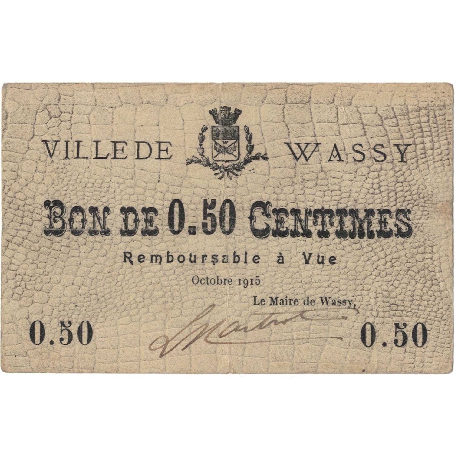 França, Wassy, 50 Centimes, 1915, Bon de, EF(40-45), Pirot:52-33