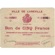 France, Lunéville, 5 Francs, 1914, Bon de Municipalité, SUP+, Pirot:54-79
