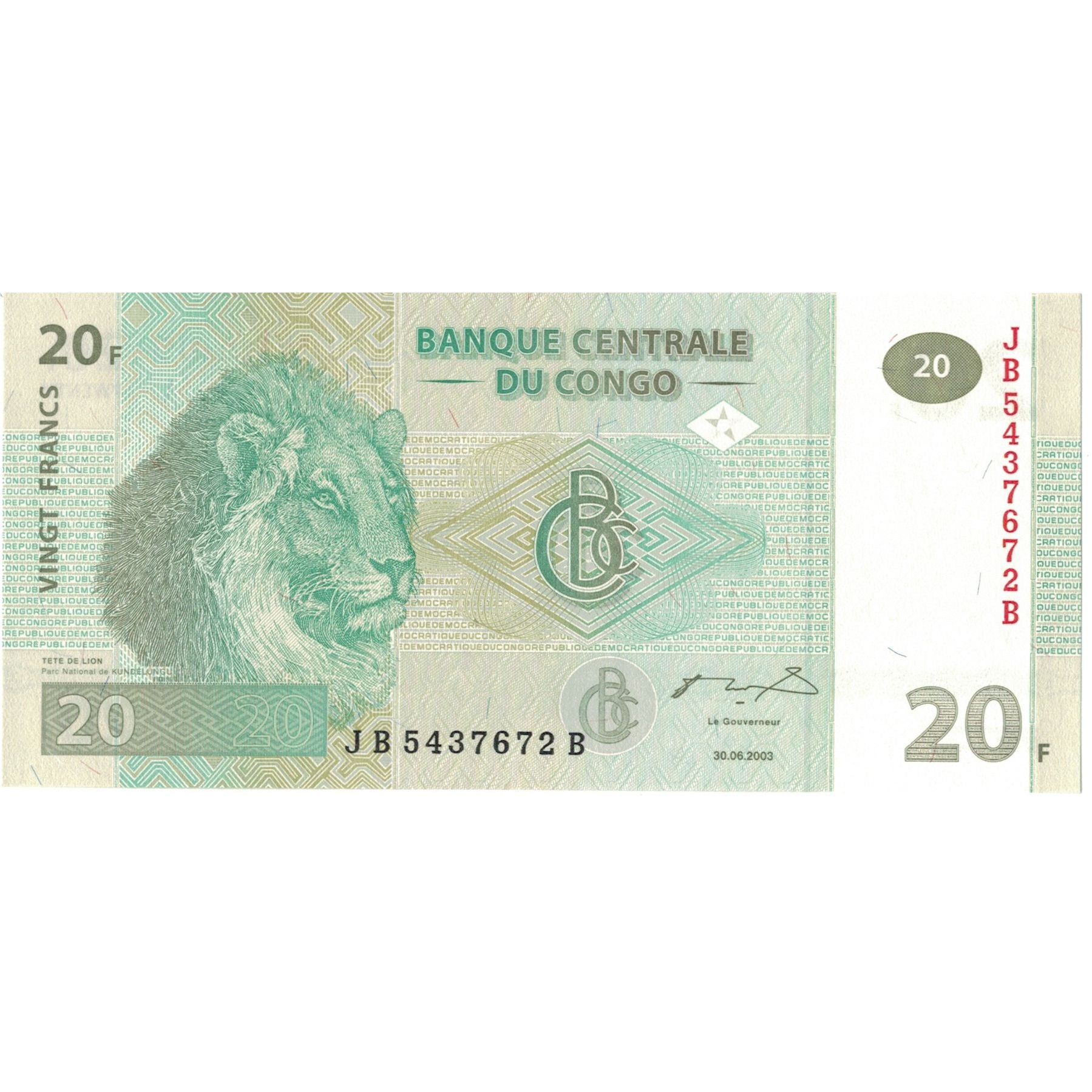 Geldschein, Congo Democratic Republic, 20 Francs, 2003, 2003-06-30, KM:94a, UNZ-
