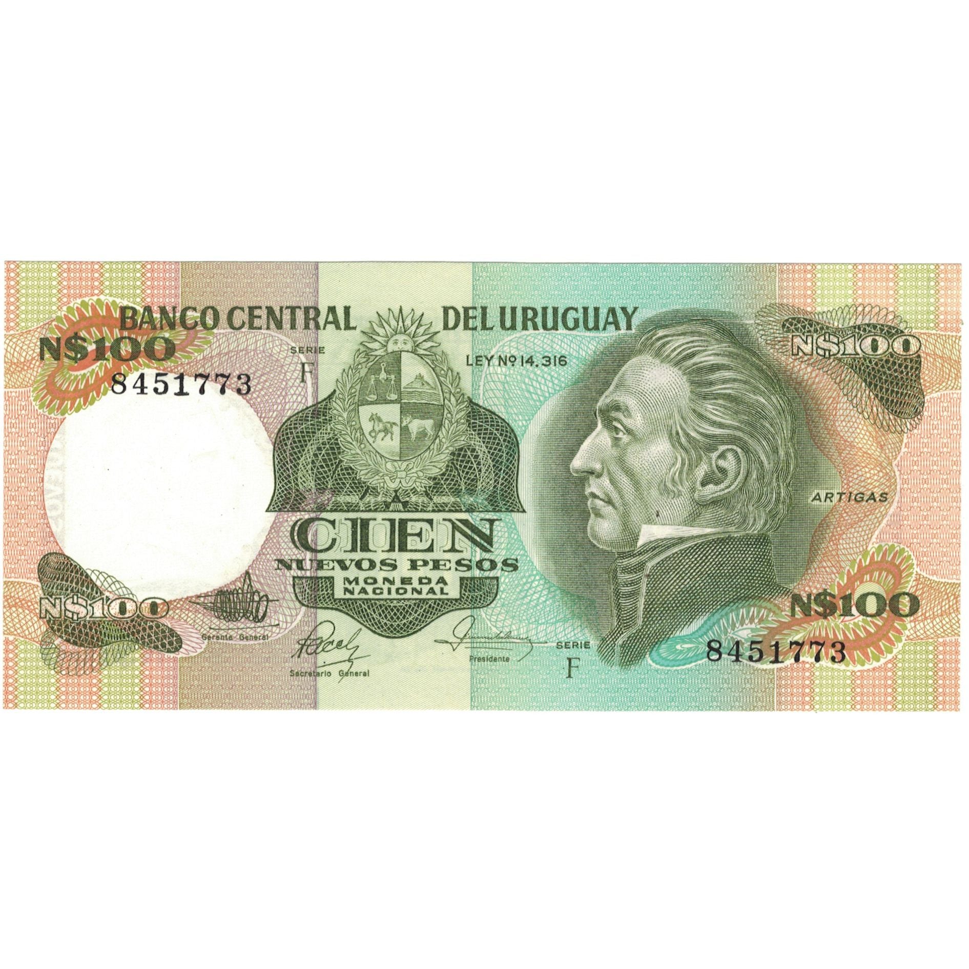 Banknot, Urugwaj, 100 Nuevos Pesos, KM:62a, UNC(64)