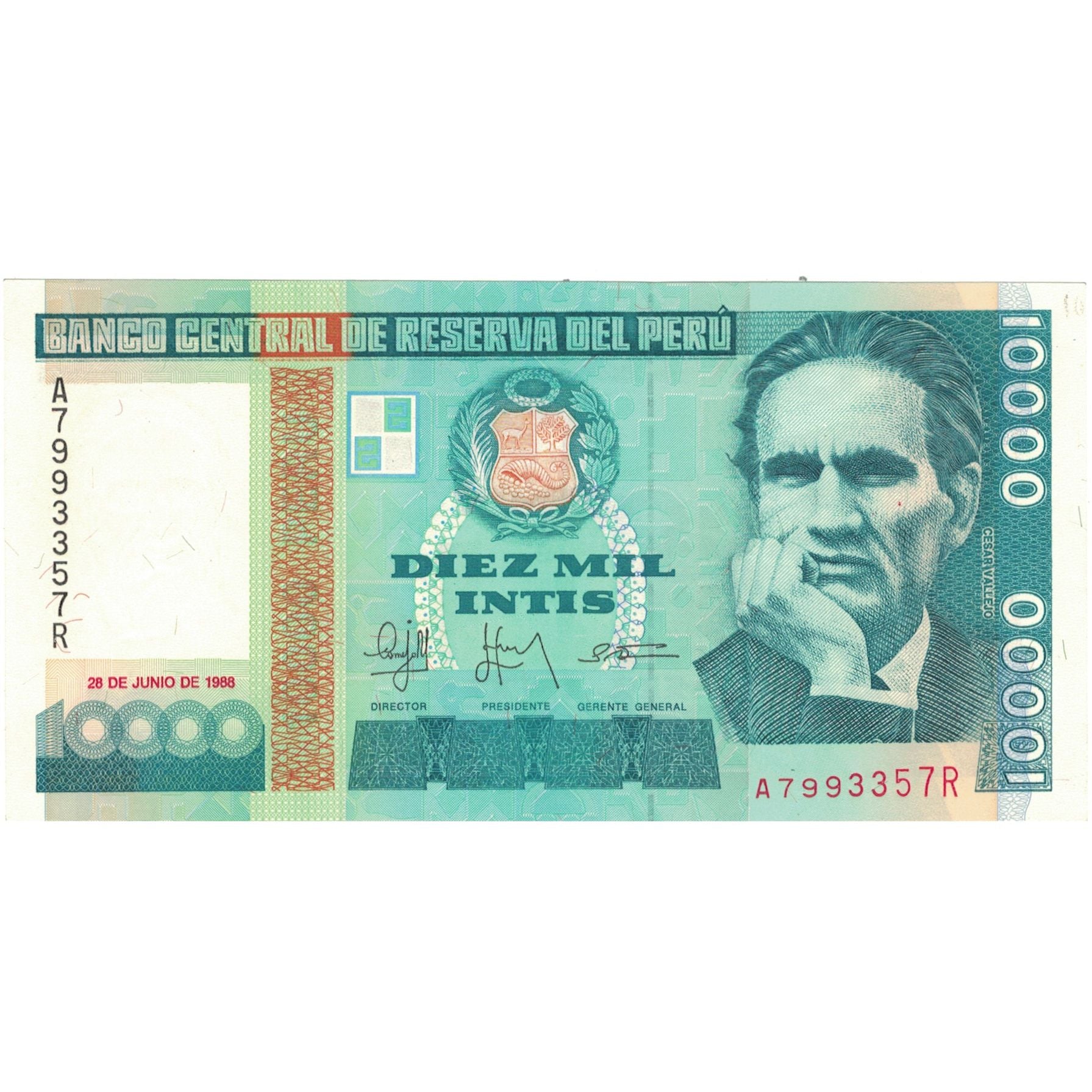 Nota, Peru, 10,000 Intis, 1988, 1988-06-28, KM:141, UNC(64)