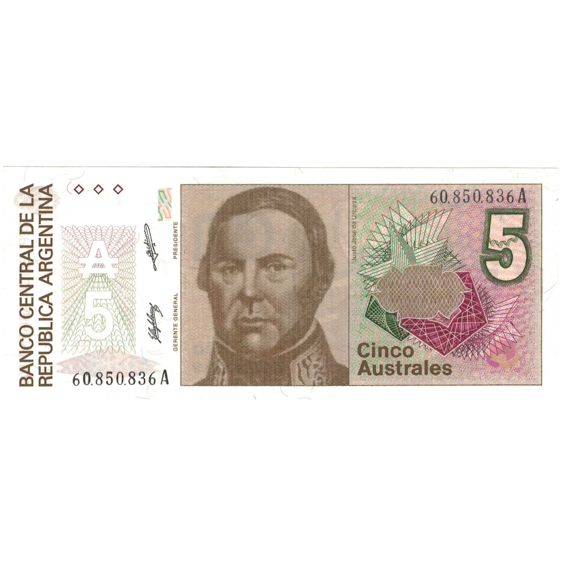 Nota, Argentina, 5 Australes, KM:324b, UNC(60-62)