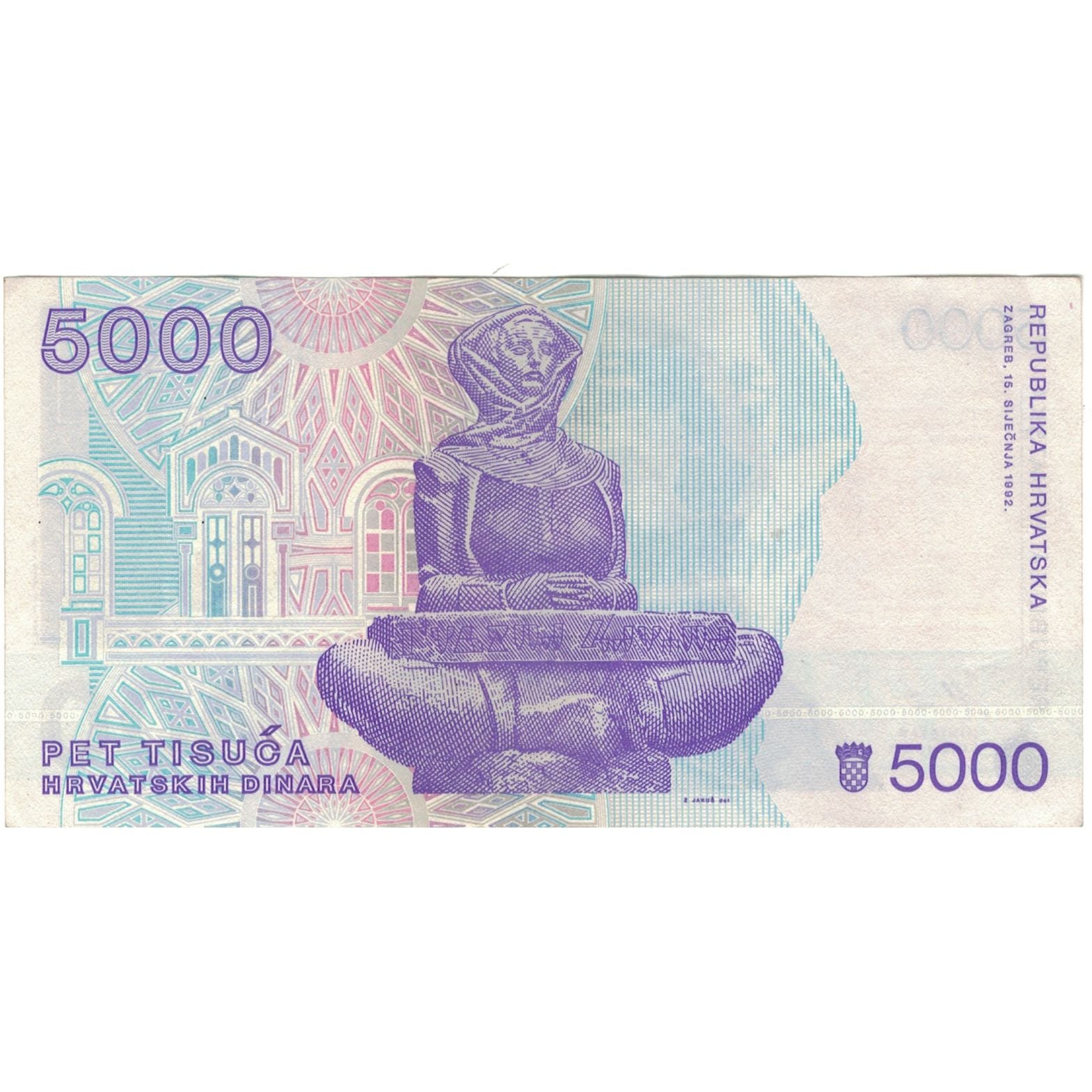 Billet, Croatie, 5000 Dinara, 1992, 1992-01-15, KM:24a, SPL