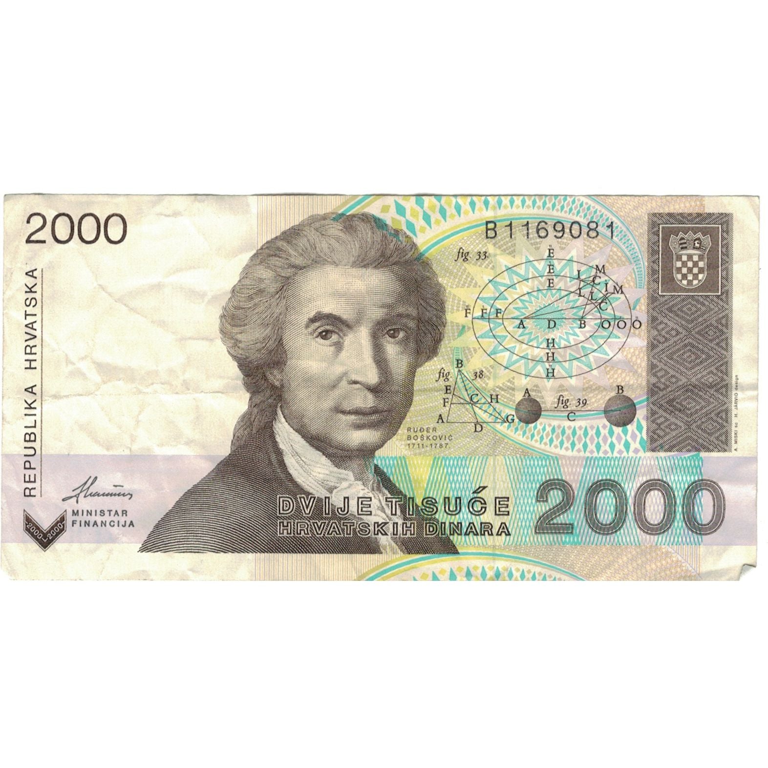 Billet, Croatie, 2000 Dinara, 1992, 1992-01-15, KM:23s, TTB