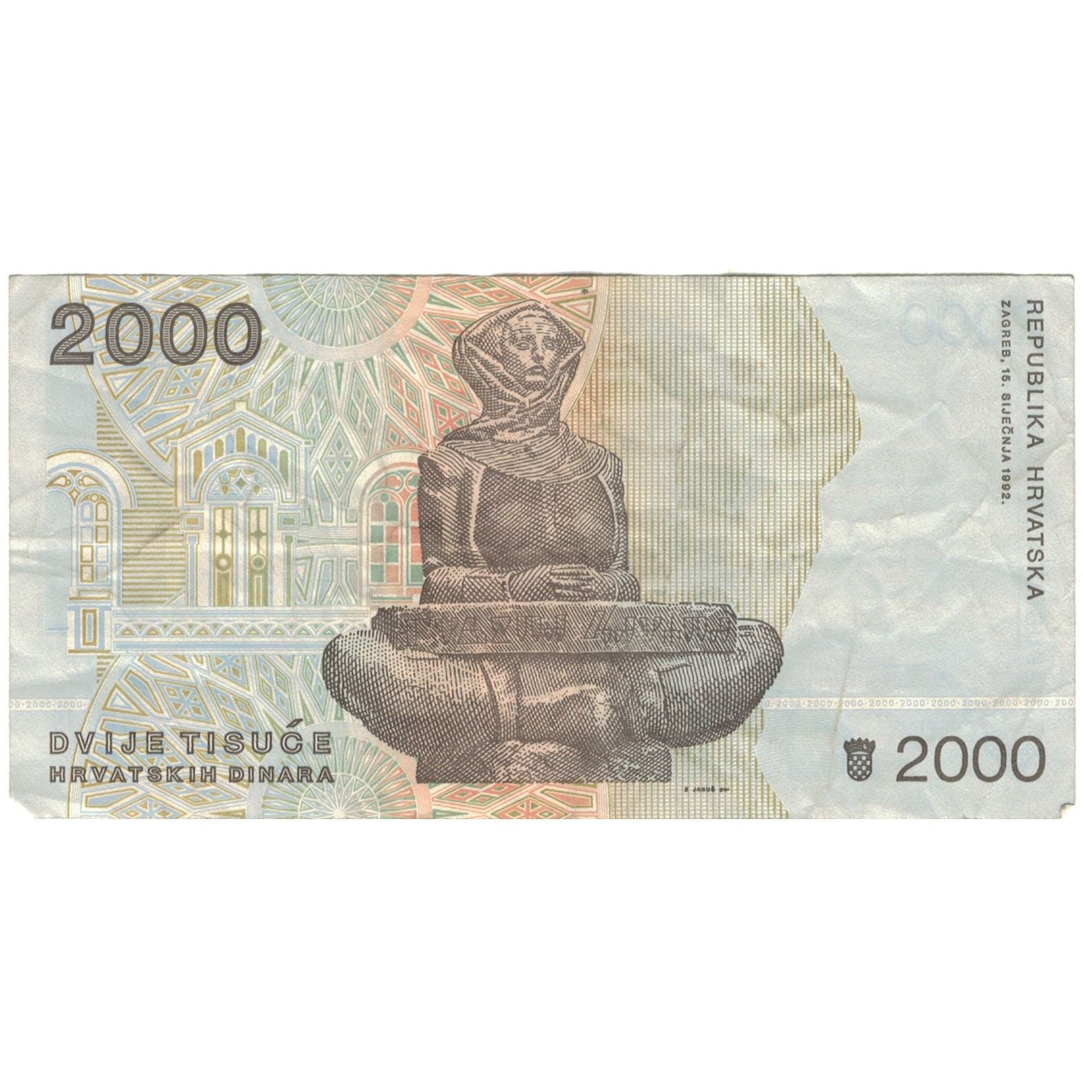 Billet, Croatie, 2000 Dinara, 1992, 1992-01-15, KM:23s, TTB