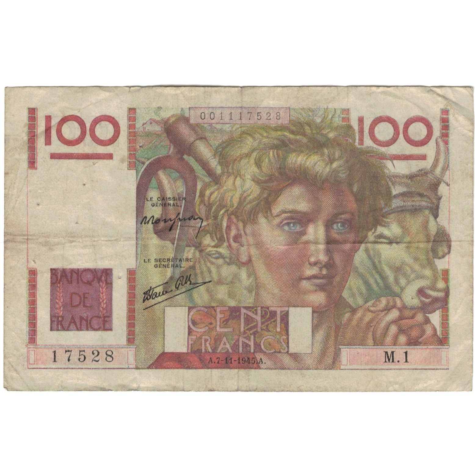 France, 100 Francs, Jeune Paysan, 1945, 17528 M.1, TB, Fayette:28.1, KM:128a