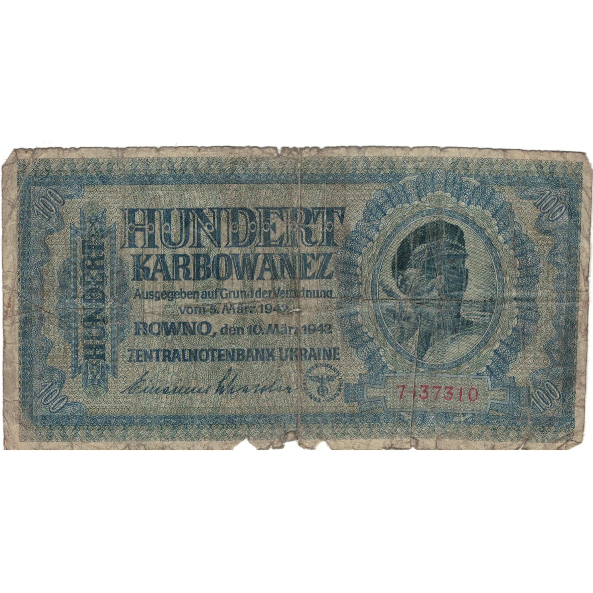 Billet, Ukraine, 100 Karbowanez, 1942, 1942-03-10, KM:55, AB+