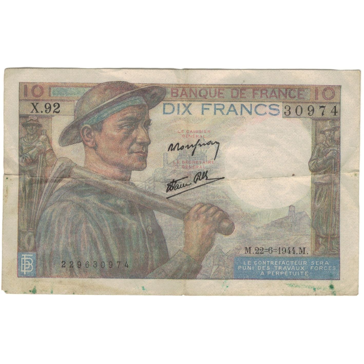 France, 10 Francs, Mineur, 1944, X92 30974, VF(30-35), Fayette:08.12, KM:99e