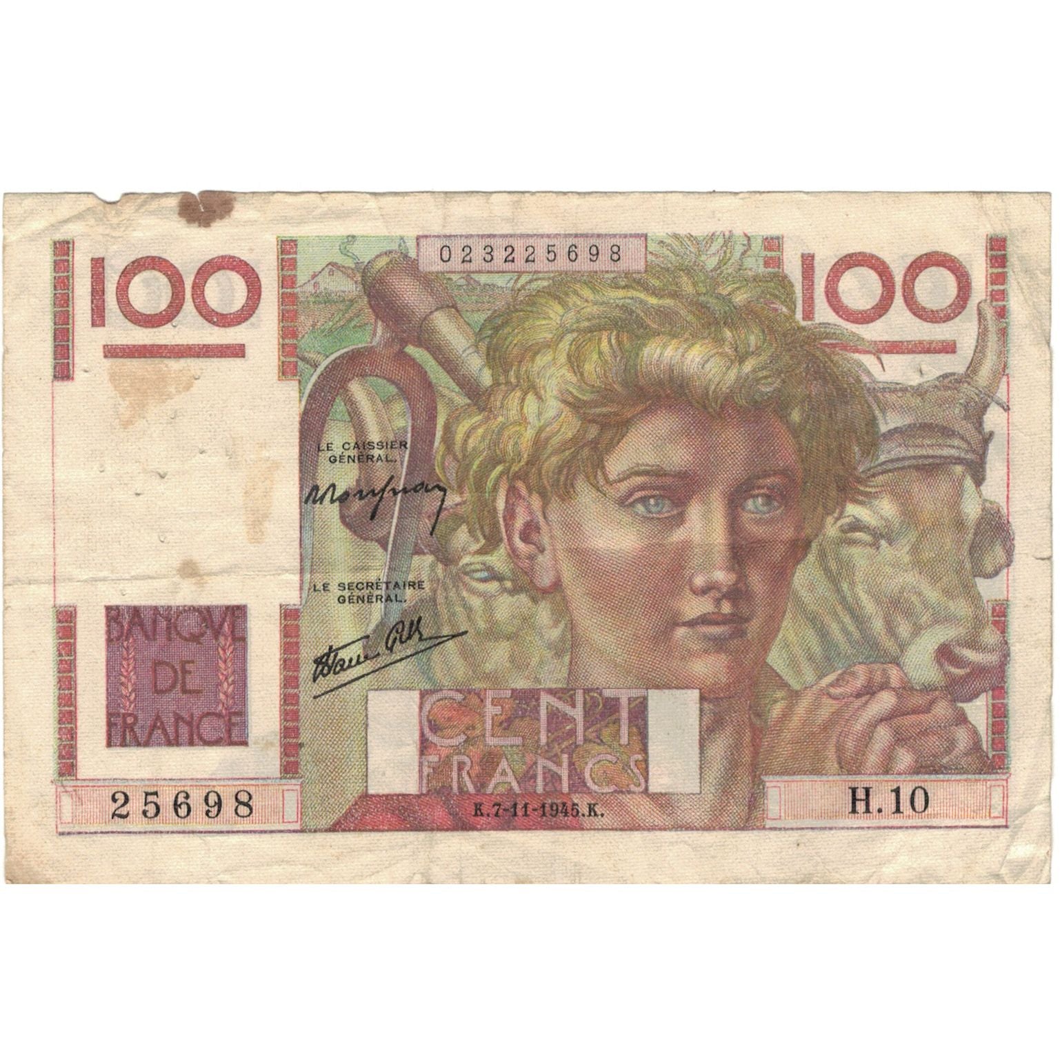Francia, 100 Francs, Jeune Paysan, 1945, 25698 H.10, MB, Fayette:28.1, KM:128a