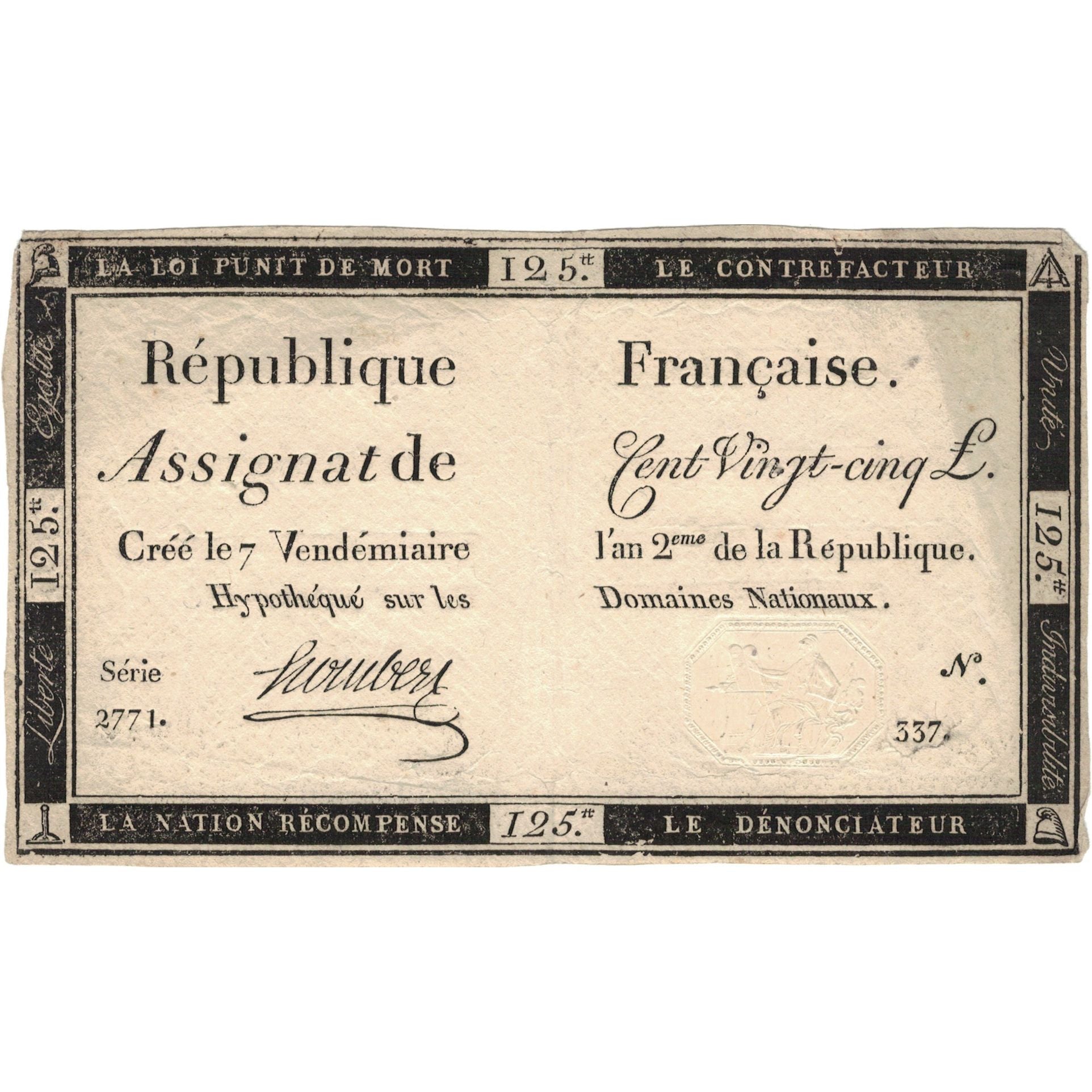 Francia, 125 Livres, 1793, SERIE 2771, BB, KM:A74, Lafaurie:169