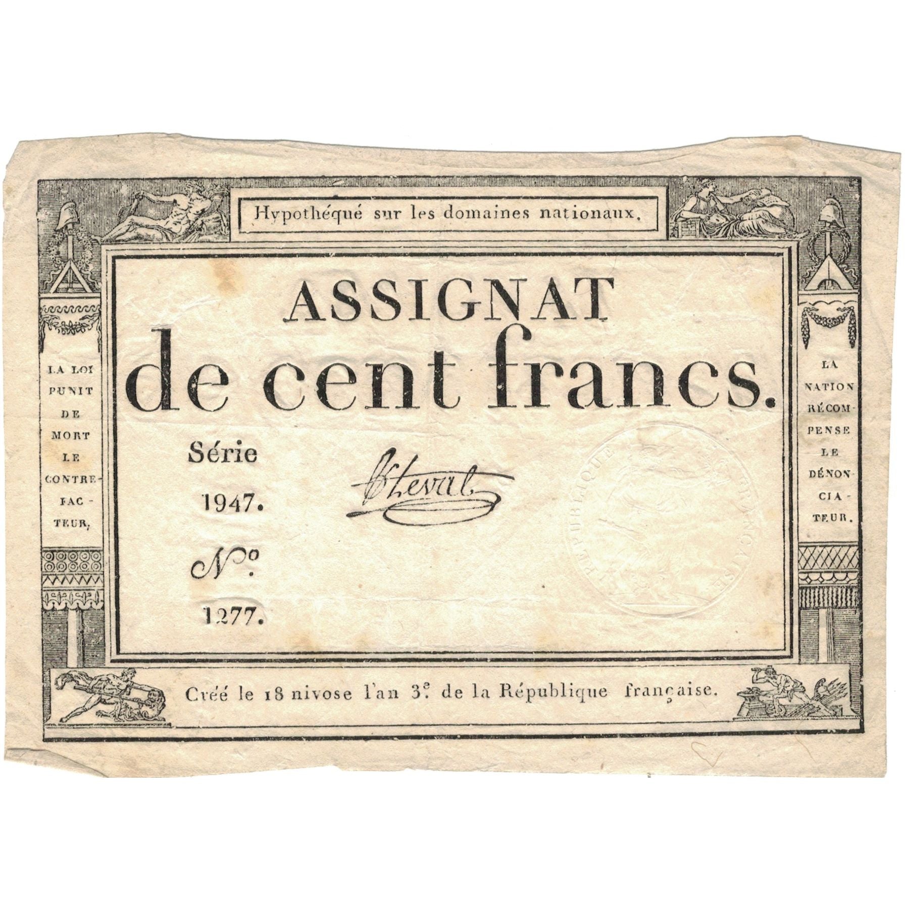 França, 100 Francs, 1795, série 1277, EF(40-45), KM:A78, Lafaurie:173