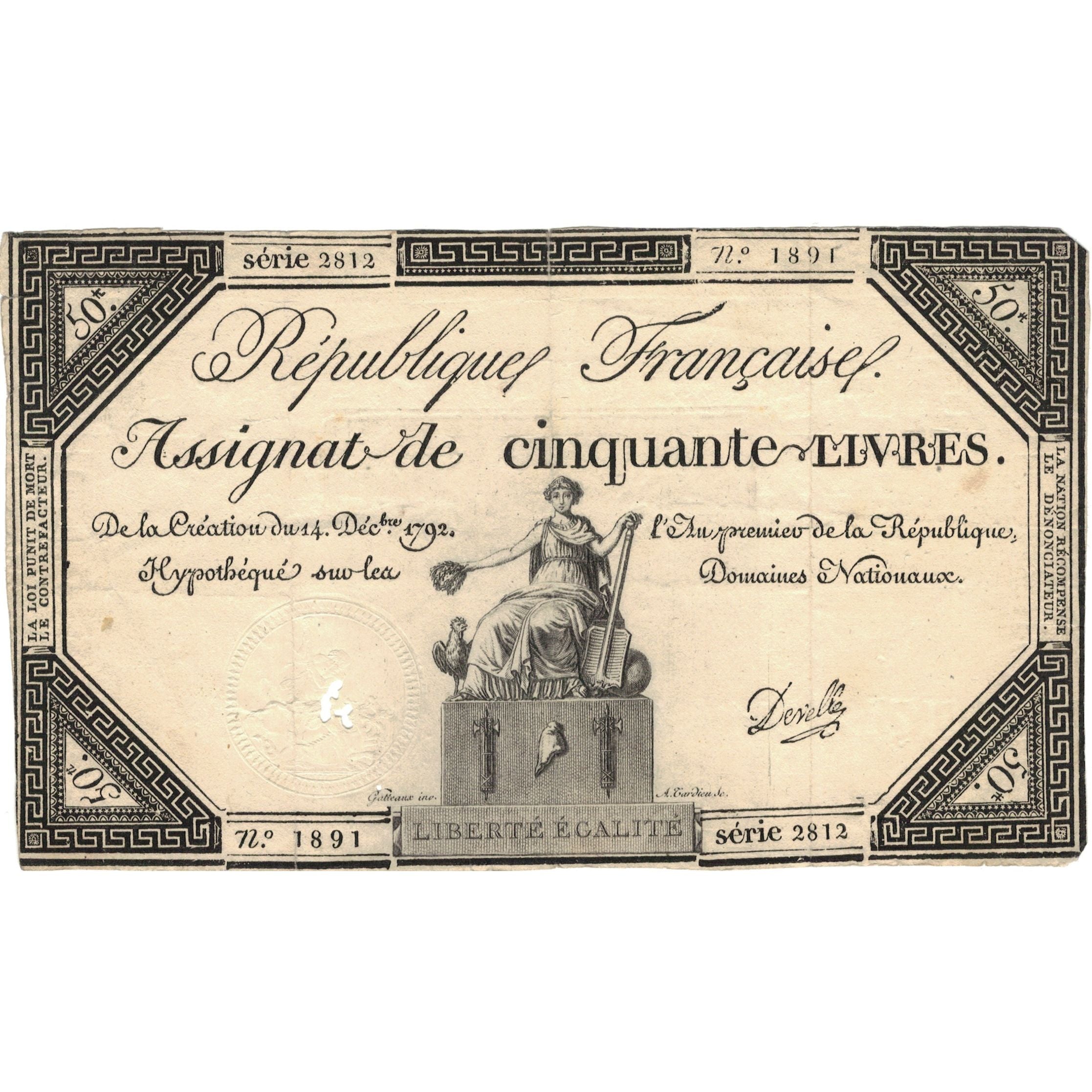 Banknot, Francja, 50 Livres, 1792, Jannel, 1792-12-14, VF(30-35), KM:A72