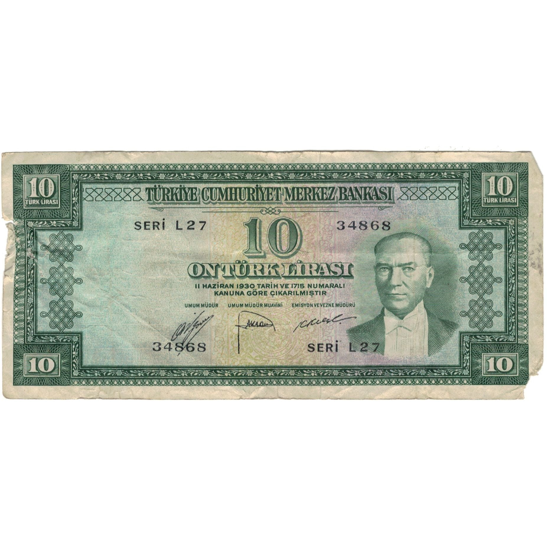 Banconote, Turchia, 10 Lira, 1930, 1930-06-11, KM:157a, D+