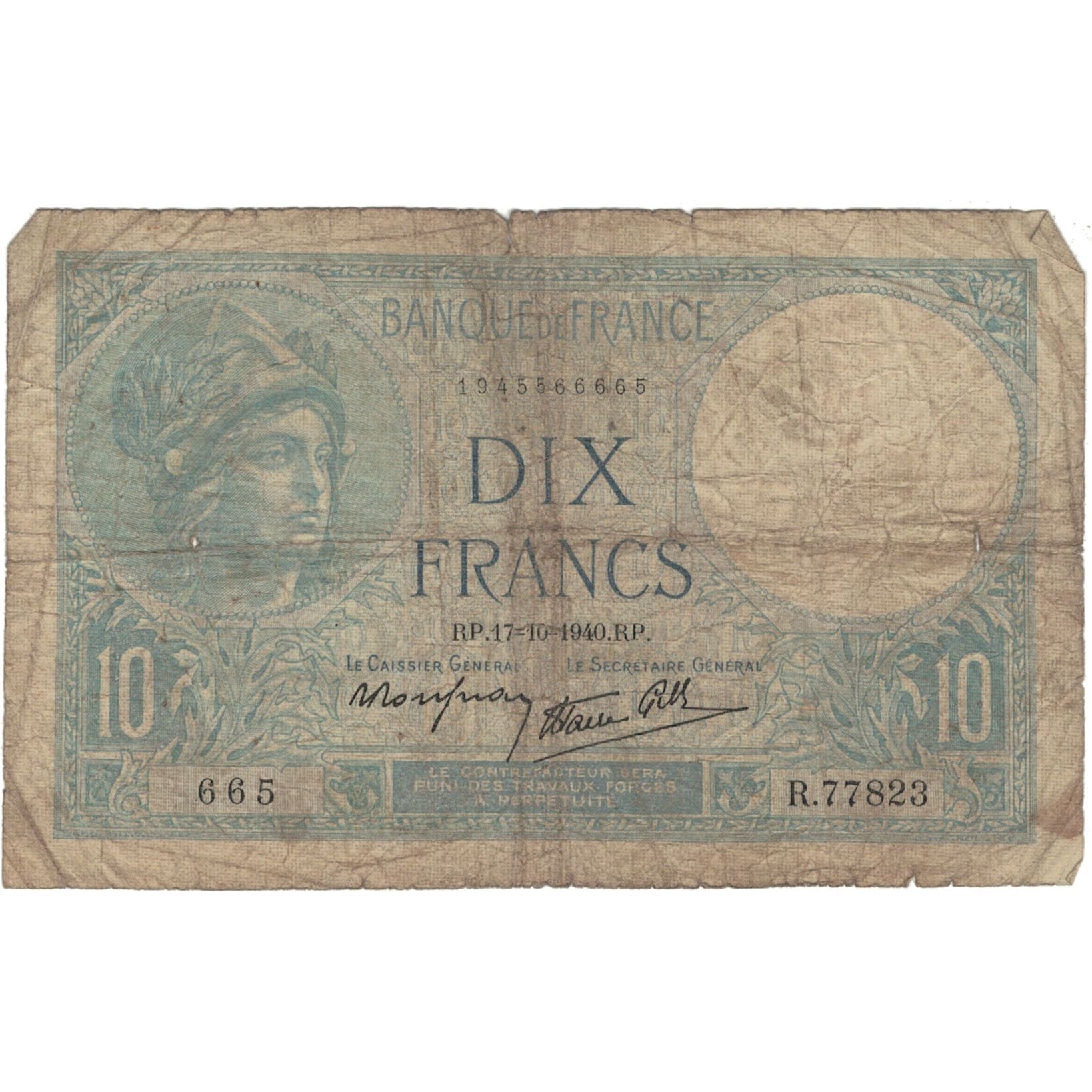 France, 10 Francs, Minerve, 1940, 665 R.77823, B, Fayette:07.17, KM:84