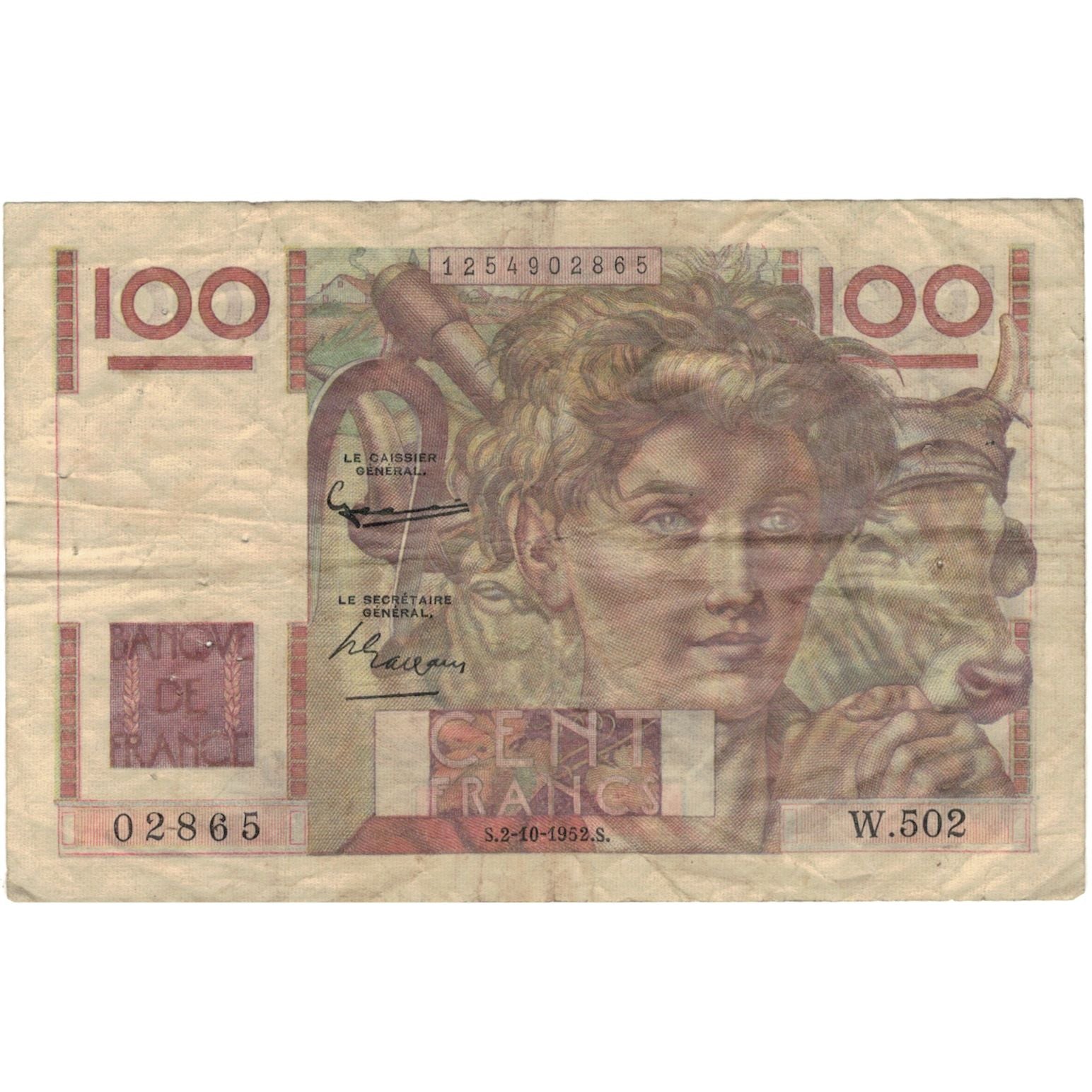 Francja, 100 Francs, Jeune Paysan, 1952, 02865 W.502, VF(20-25), Fayette:28.34