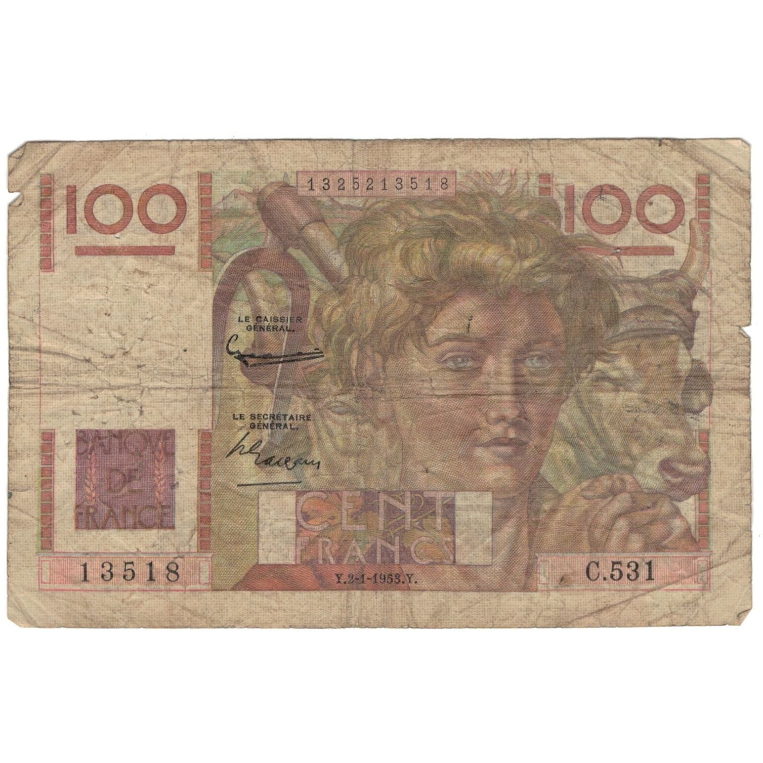 Francia, 100 Francs, Jeune Paysan, 1953, 13518 C.531, RC, Fayette:28.35, KM:128e