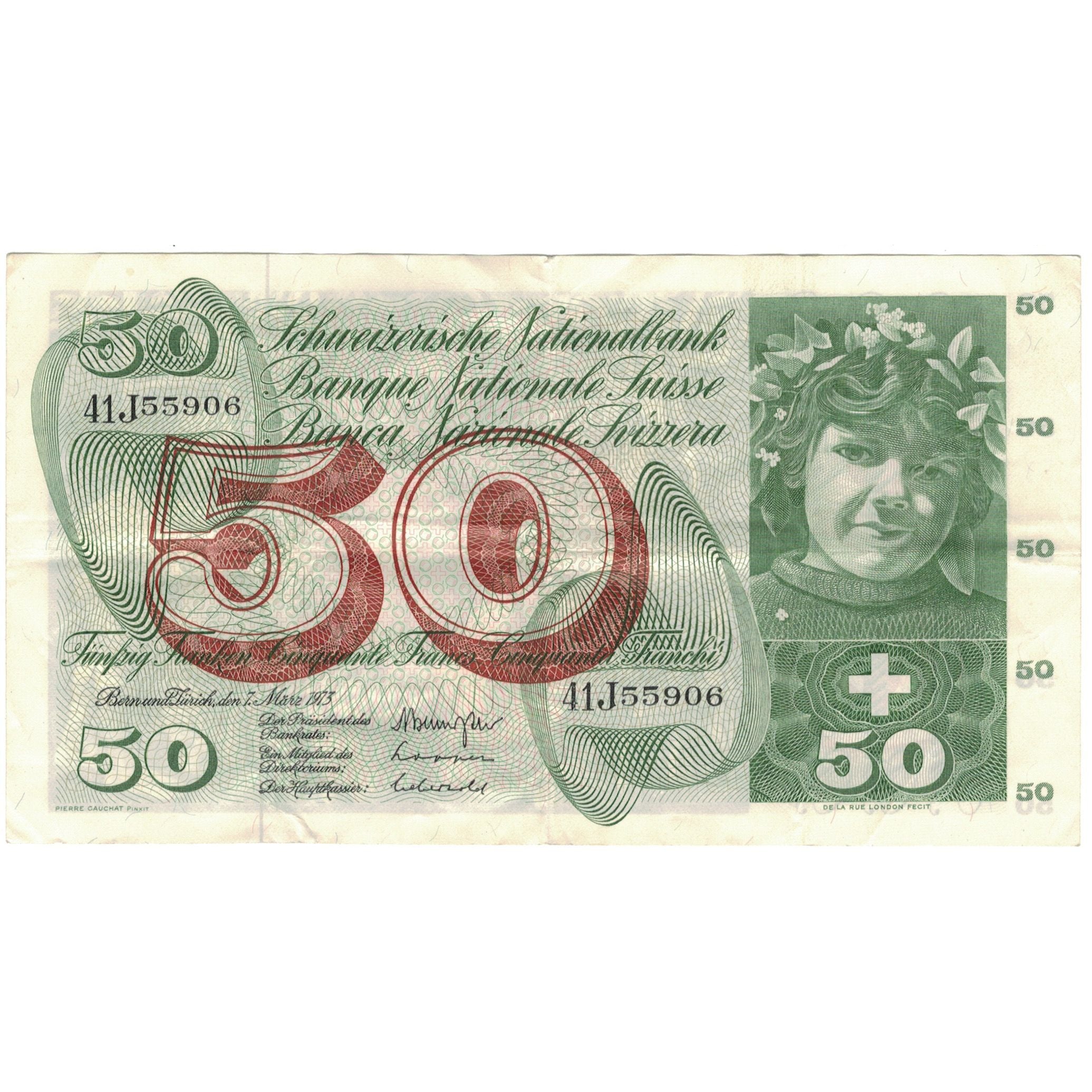 Geldschein, Schweiz, 50 Franken, 1973, 1973-03-07, KM:48m, SS+