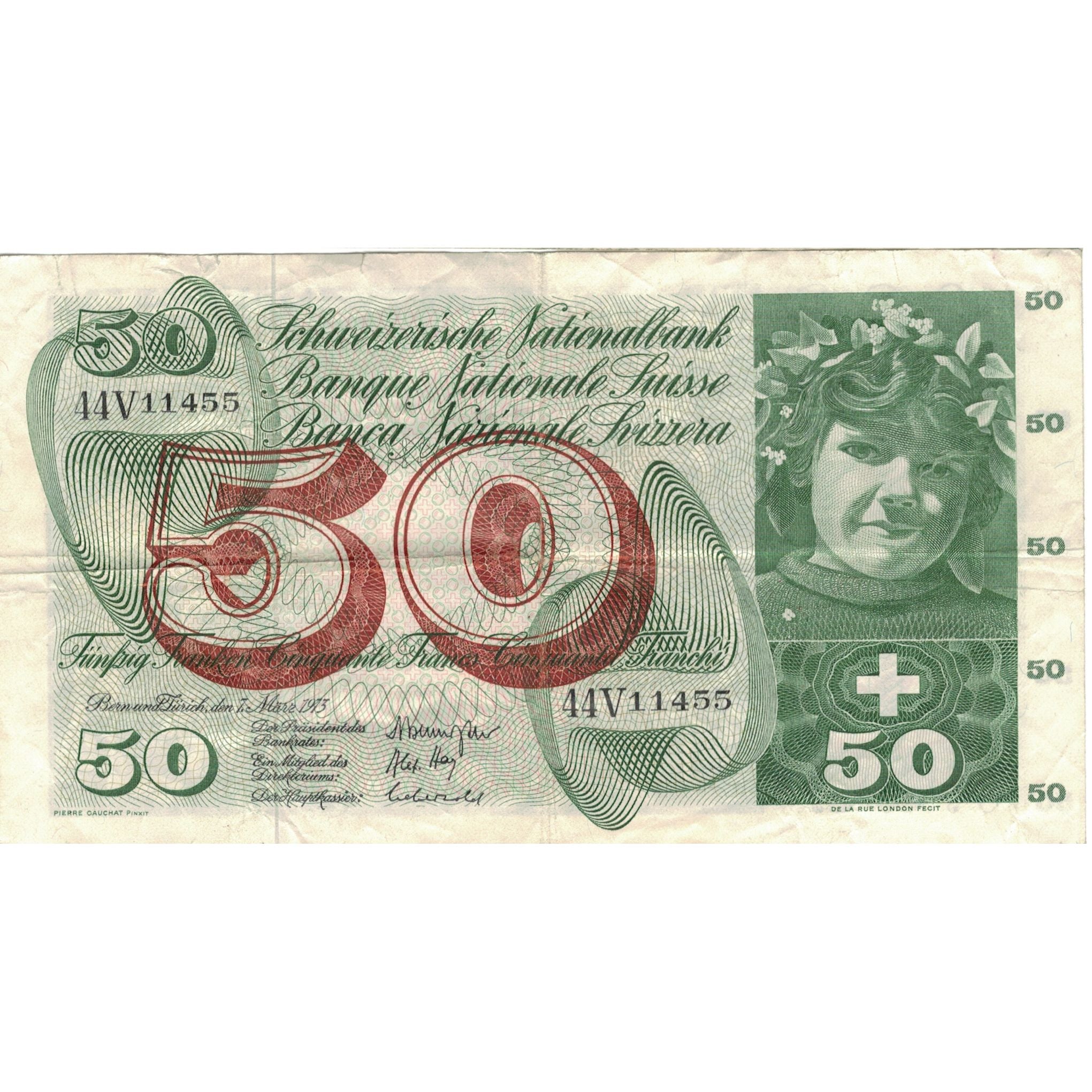 Geldschein, Schweiz, 50 Franken, 1973, 1973-03-07, KM:48m, SS+