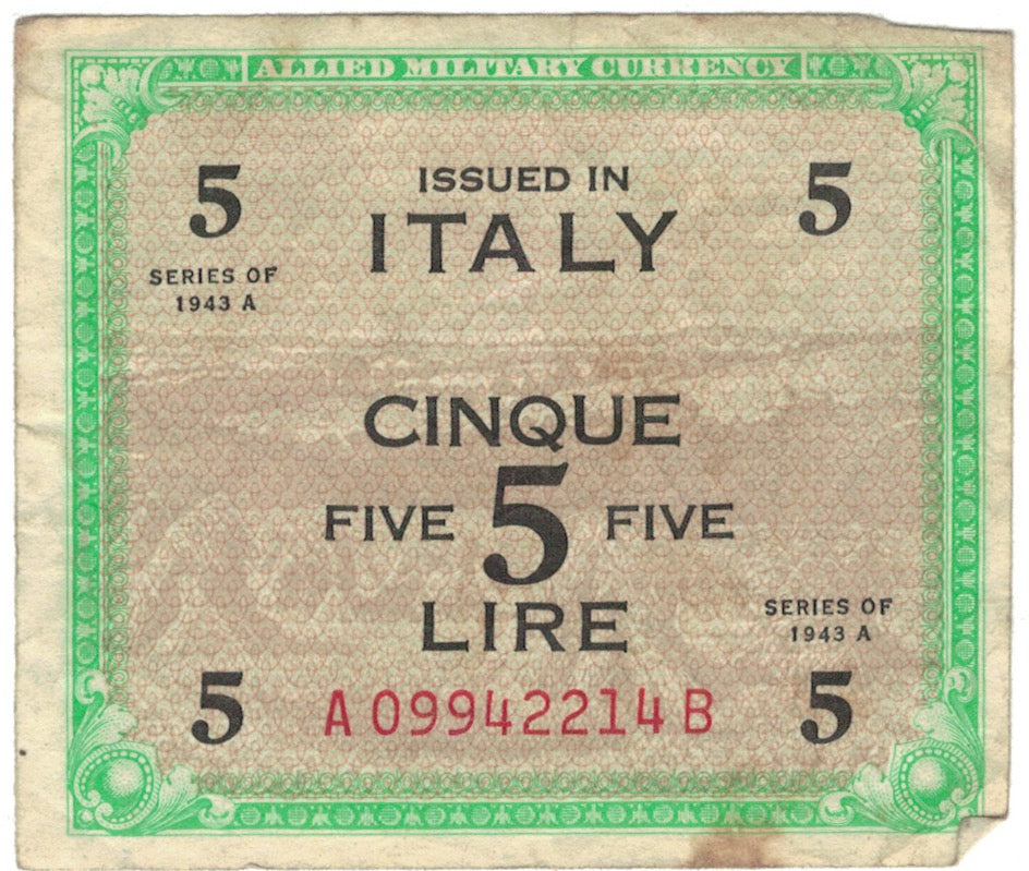 Banknote, Italy, 5 Lire, 1943, KM:M18b, VF(20-25)
