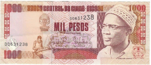 Nota, Guiné-Bissau, 1000 Pesos, 1993, KM:13b, AU(55-58)